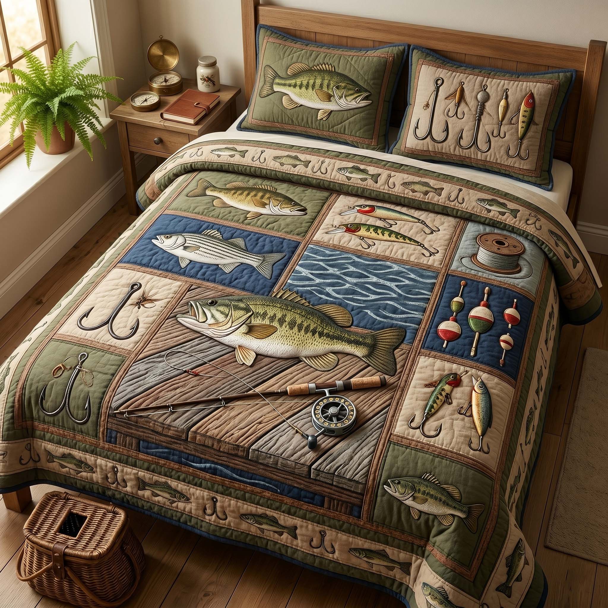 Dockside Bass Quilted Bedding Set Bass Lover Coverlet Set Best Decor Gift