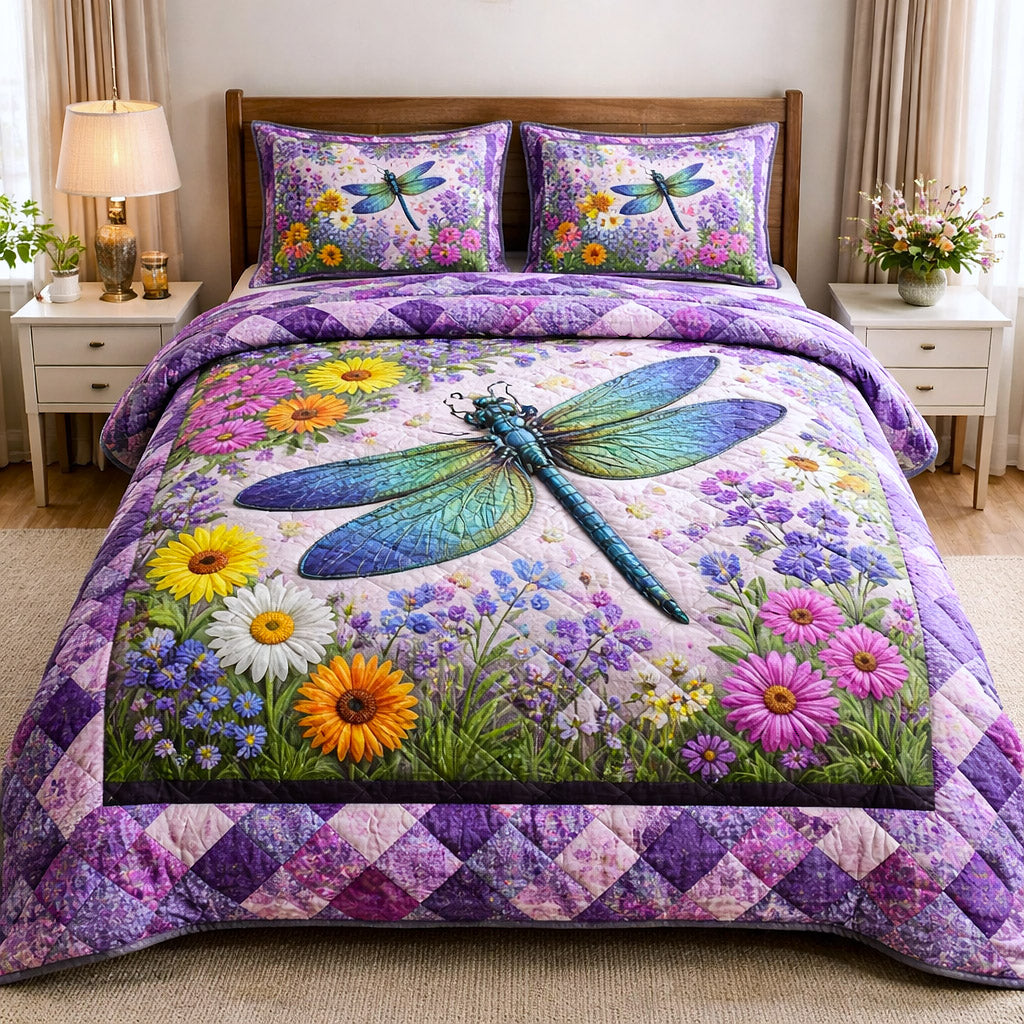 Dragonfly Glow Quilted Bedding Set Dragon Lover Coverlet Set Room Gift For Him