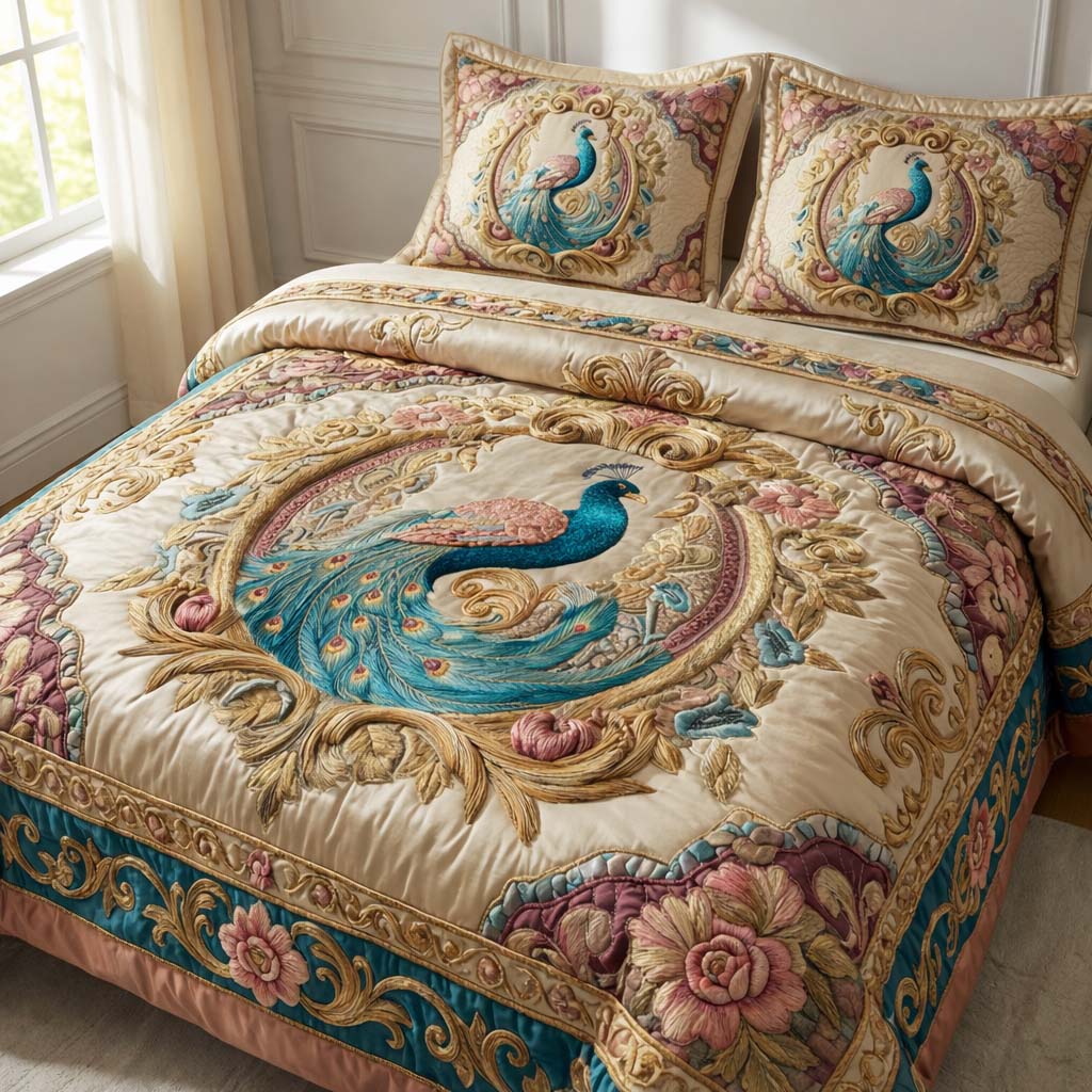 Elegant Peacock Quilted Bedding Set Peacock Lover Coverlet Set New Home Ideas