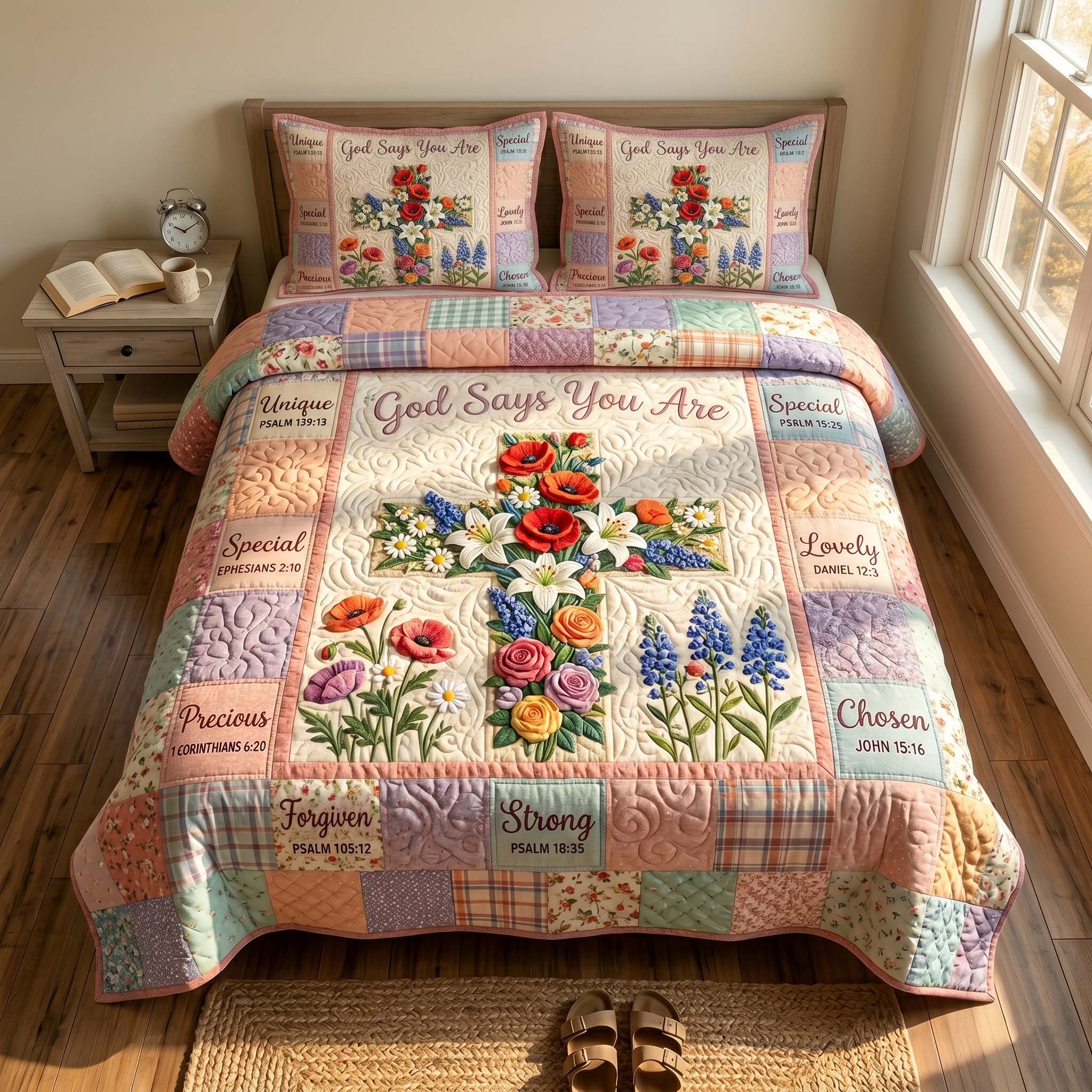 Faith Blossoms Quilted Bedding Set Christian Faith Coverlet Set Gifts For Living Rooms