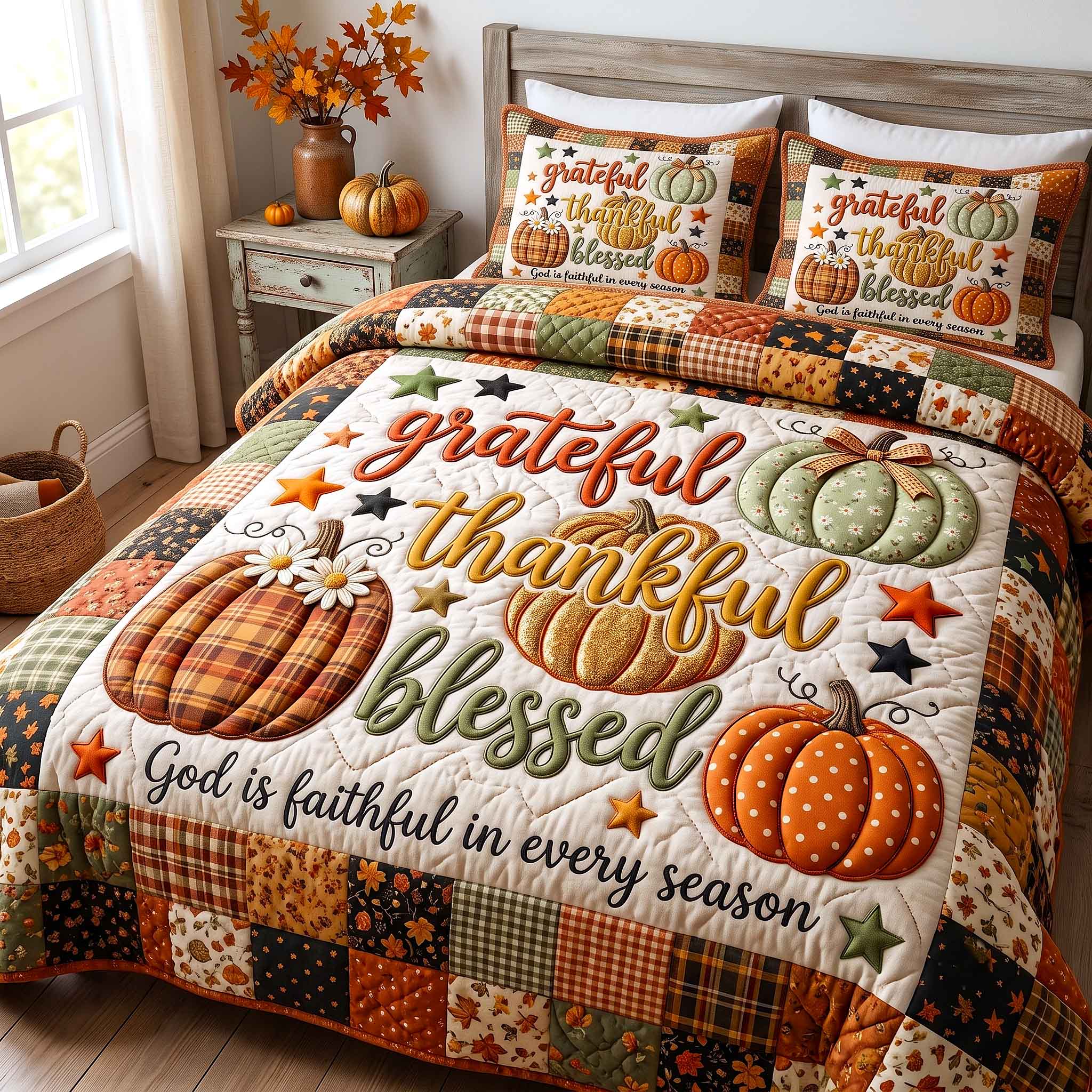 Faithful Autumn Quilted Bedding Set Christian Faith Coverlet Set Trendy Room Decor Gifts