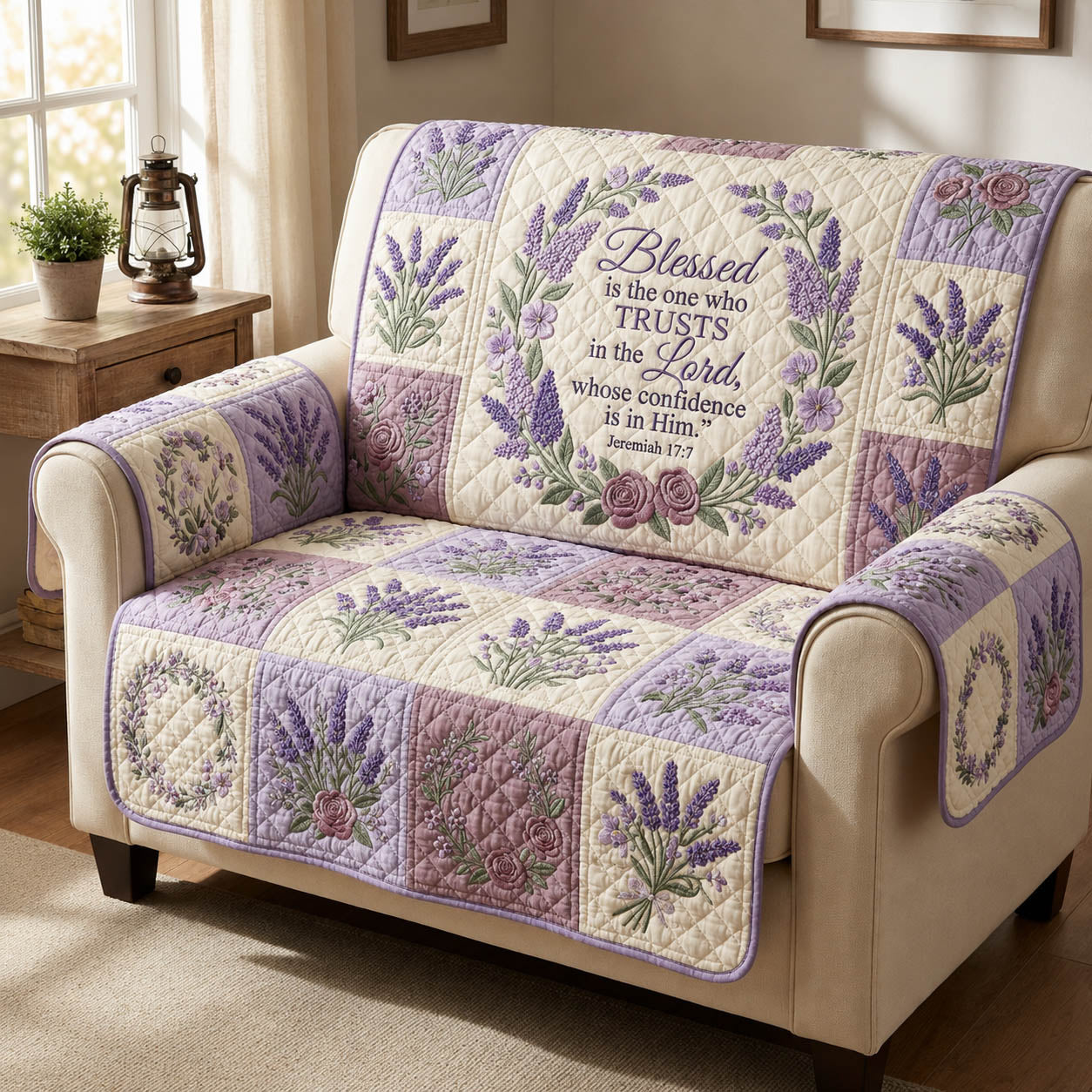 Faithful Lavender Bible Verse Quilted Sofa Cover Christian Faith Quilted Couch Cover Gift