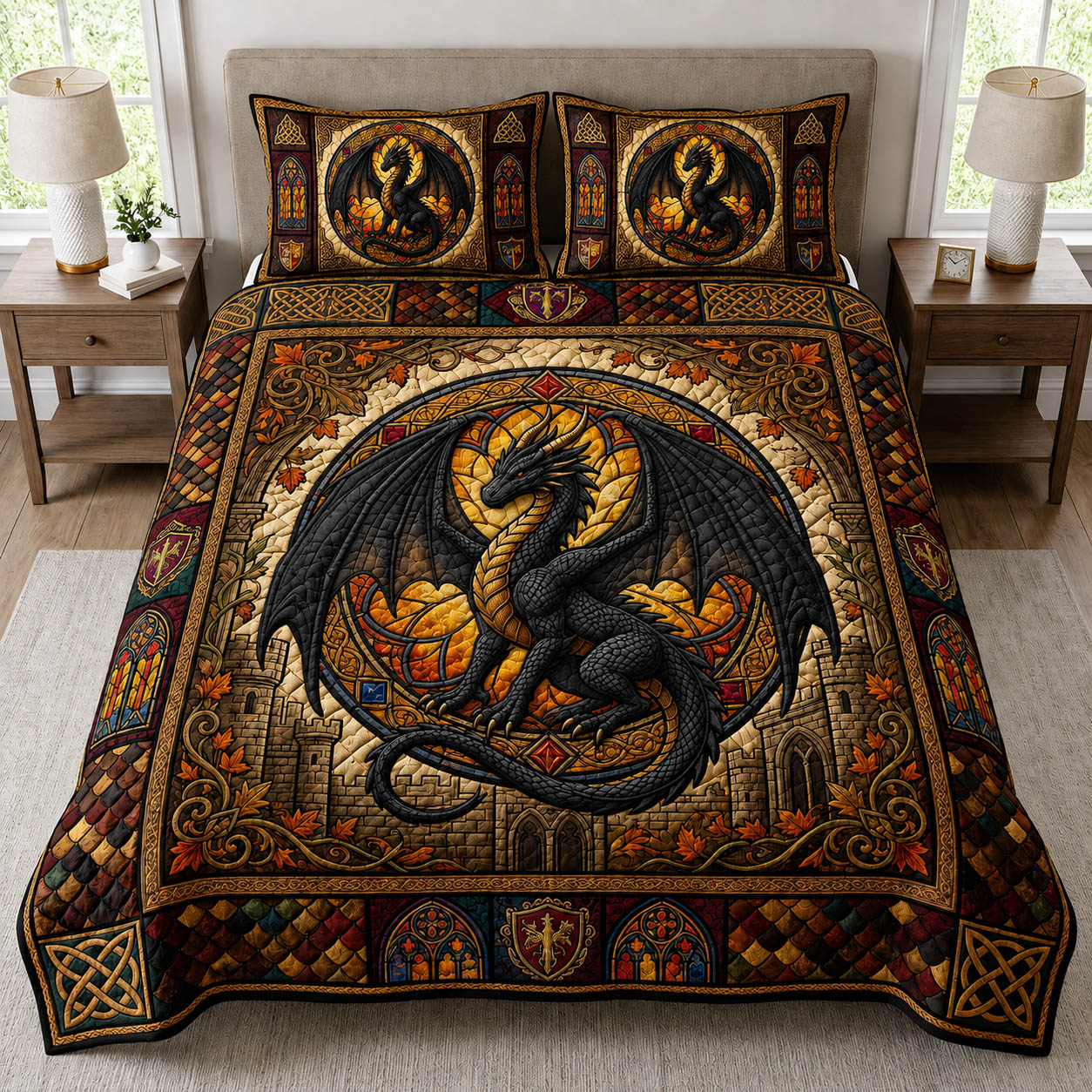Fantasy Dragon Quilted Bedding Set Dragon Lover Coverlet Set Gift For New Homeowners