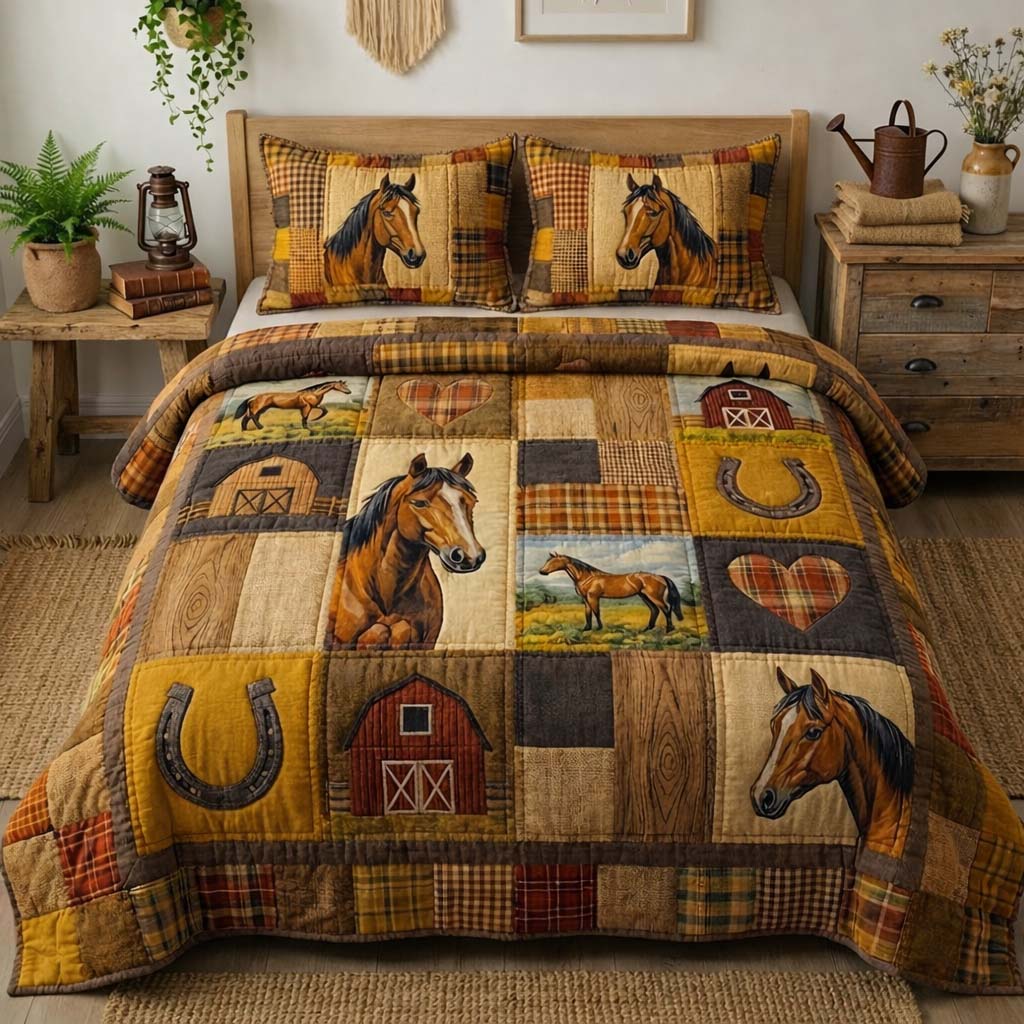 Farm Life Quilted Bedding Set Rustic Lifestyle Coverlet Set Cool Room Decor