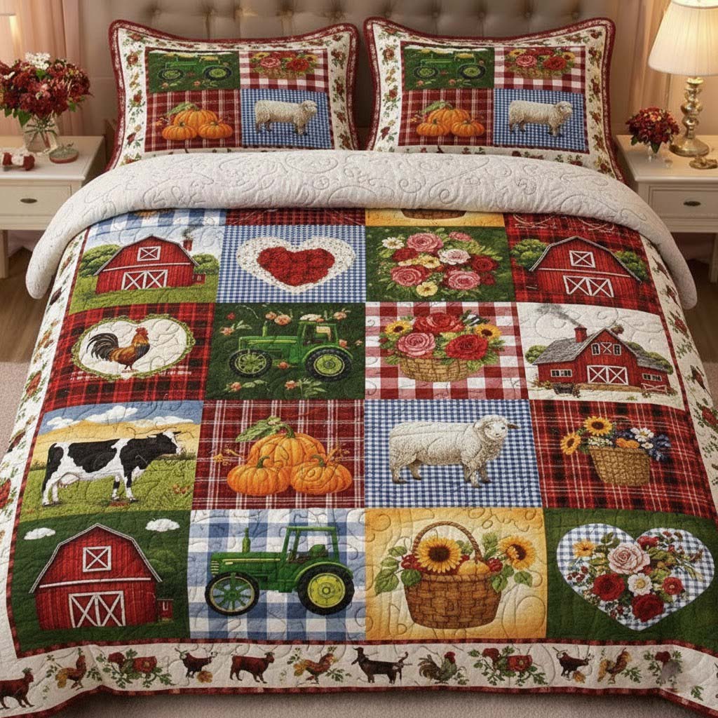 Farm Life Quilted Bedding Set Rustic Lifestyle Coverlet Set Decor Gift