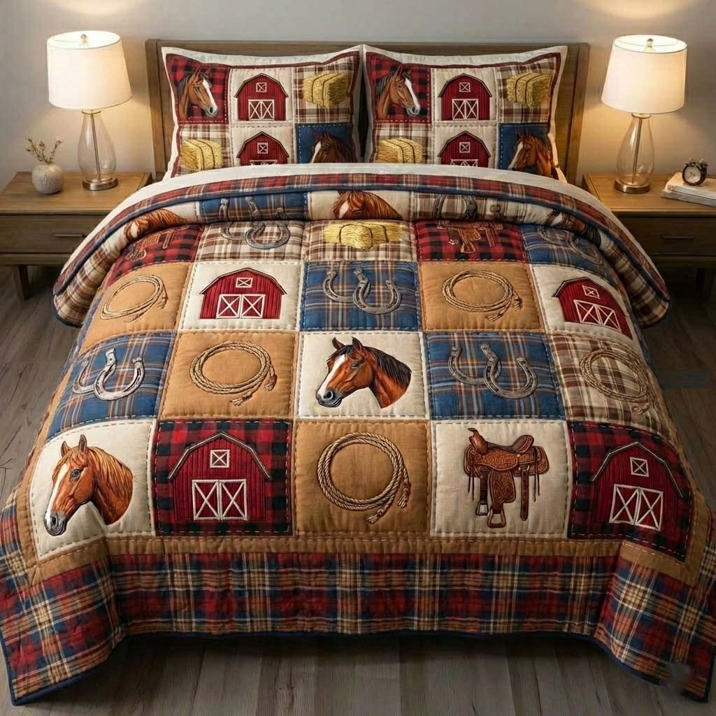 Farm Life Quilted Bedding Set Rustic Lifestyle Coverlet Set Gift For New Homeowners