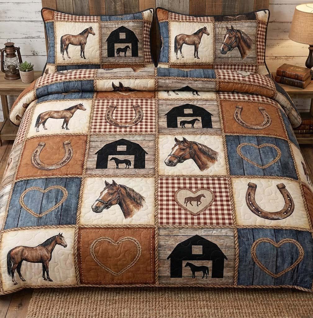 Farm Life Quilted Bedding Set Rustic Lifestyle Coverlet Set Interior Design Gift Ideas