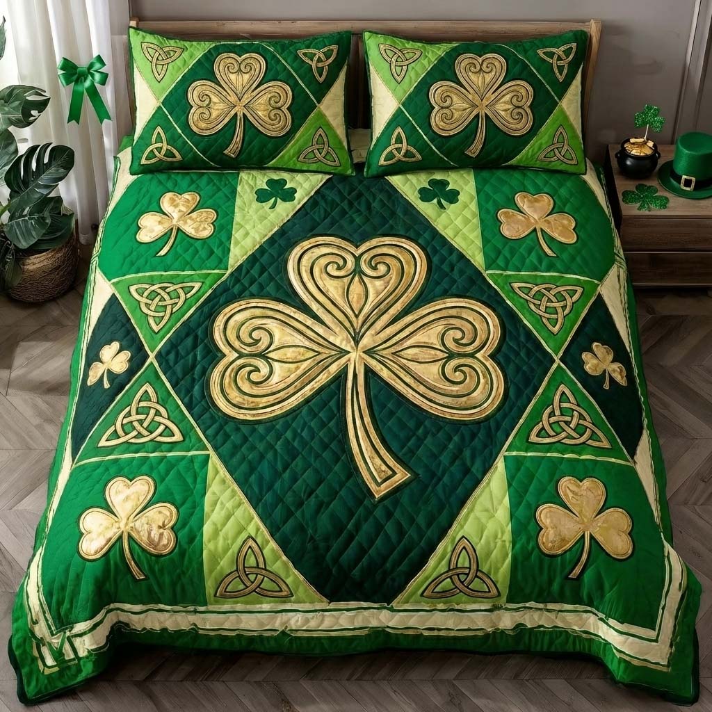 Festive Shamrock Quilted Bedding Set Irish Heritage Coverlet Set Home Gift