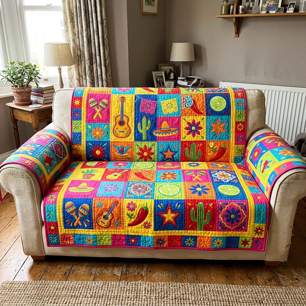 Fiesta Tiles Quilted Sofa Cover Fiesta Tiles Quilted Couch Cover Room Lover Gift