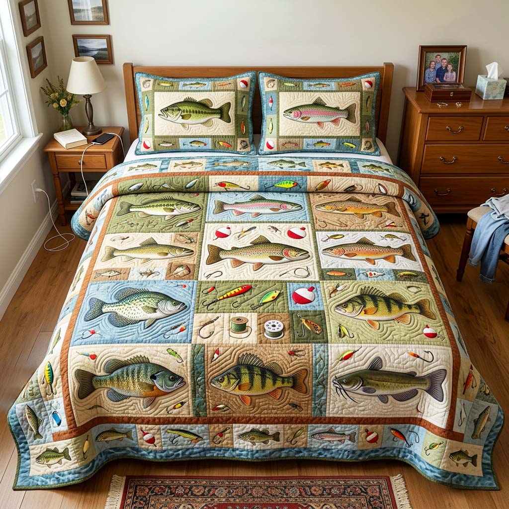 Fish Patch Quilted Bedding Set Fish Lover Coverlet Set Cute Gift For Mom