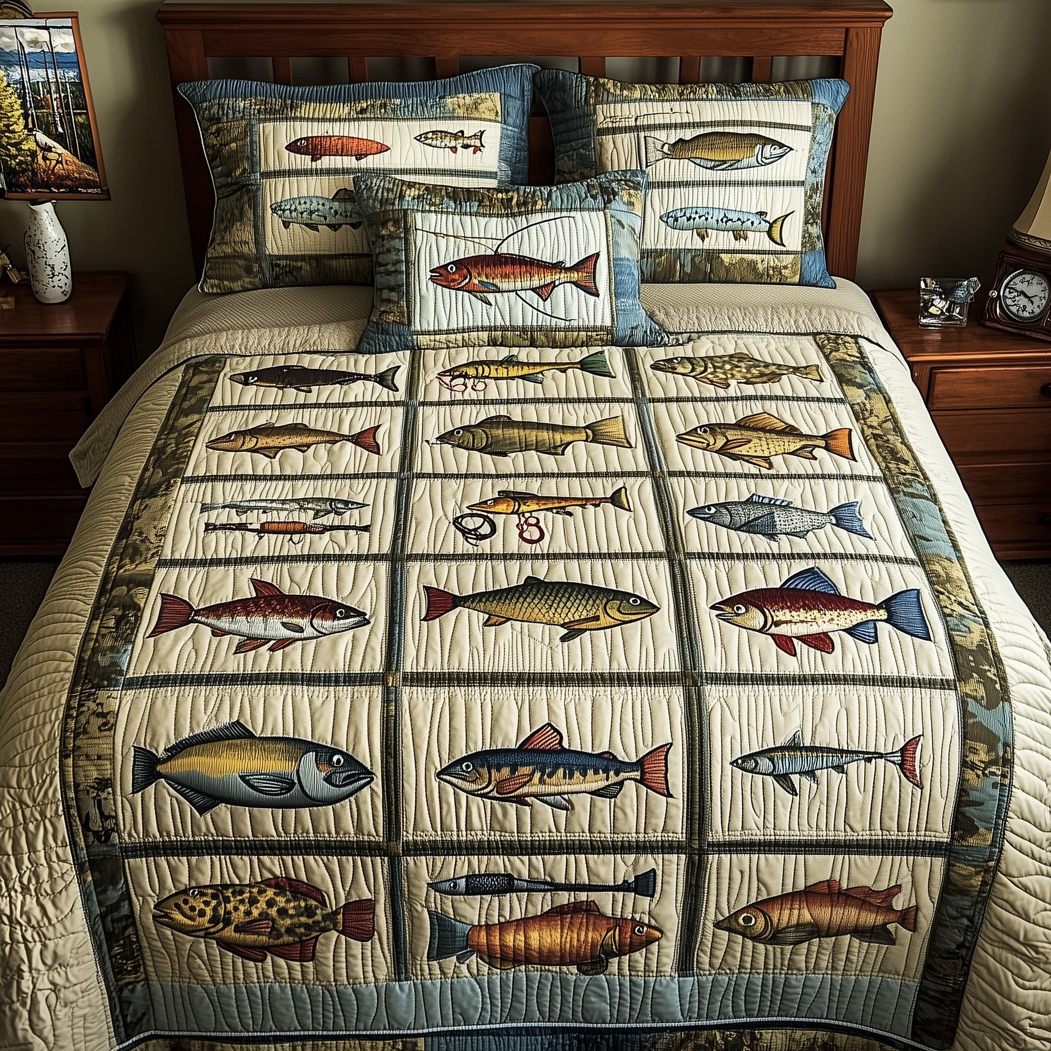 Fishing Adventure Quilted Bedding Set Fish Lover Coverlet Set Cozy Housewarming Gift Ideas