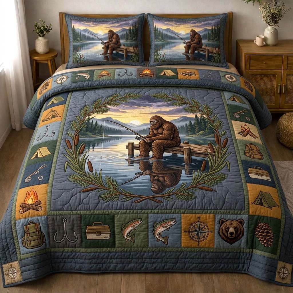 Fishing Bigfoot Quilted Bedding Set Fish Lover Coverlet Set Top Decor Gift