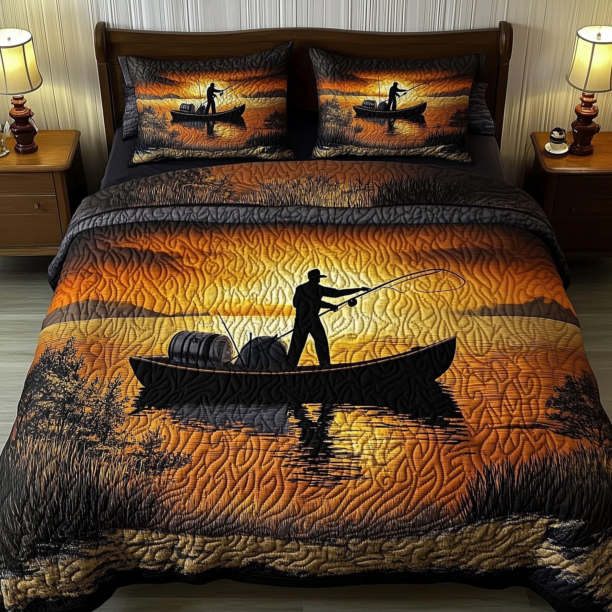 Fishing Delights Quilted Bedding Set Fish Lover Coverlet Set Gift For New Homeowners