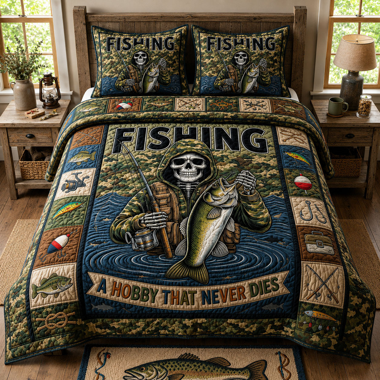 Fishing Hobby Never Dies Quilted Bedding Set Fish Lover Coverlet Set House Lover Gift