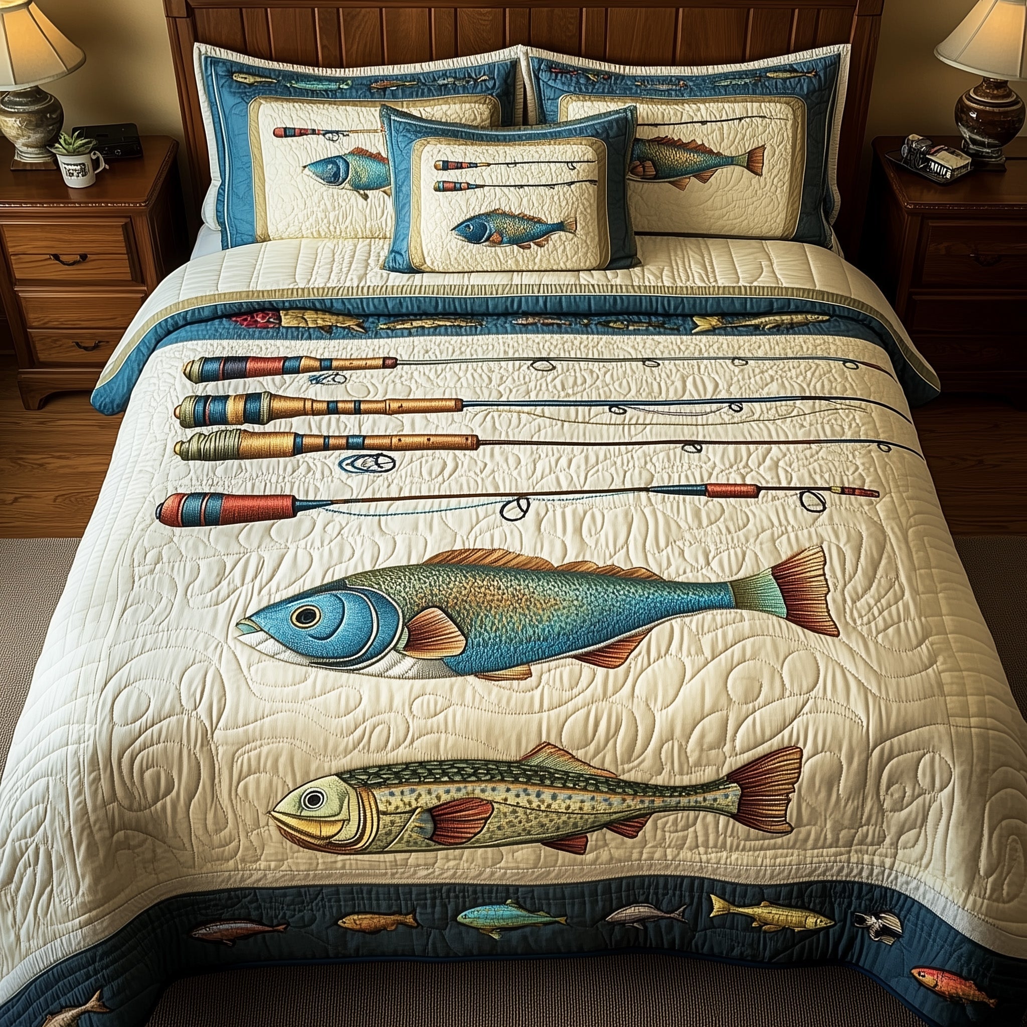 Fishing Quilted Bedding Set Fish Lover Coverlet Set Unique Room Decor Gifts