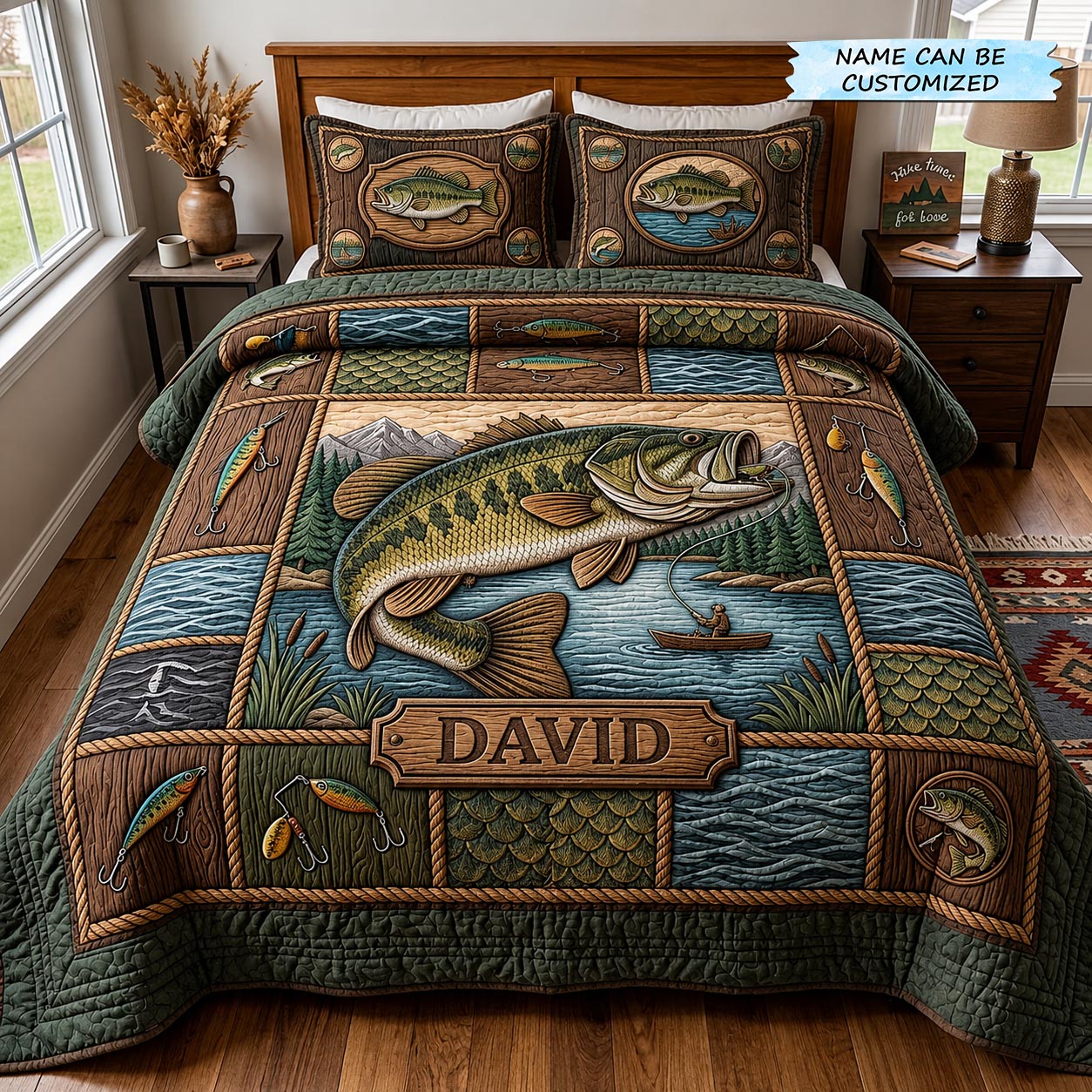 Fishing Retreat Quilted Bedding Set Fish Lover Coverlet Set Unique Room Decor Gifts