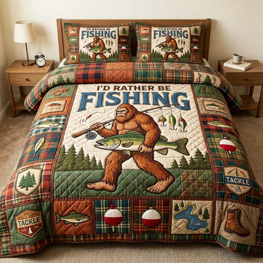 Fishing Sasquatch Quilted Bedding Set Fish Lover Coverlet Set Room Decor Gift