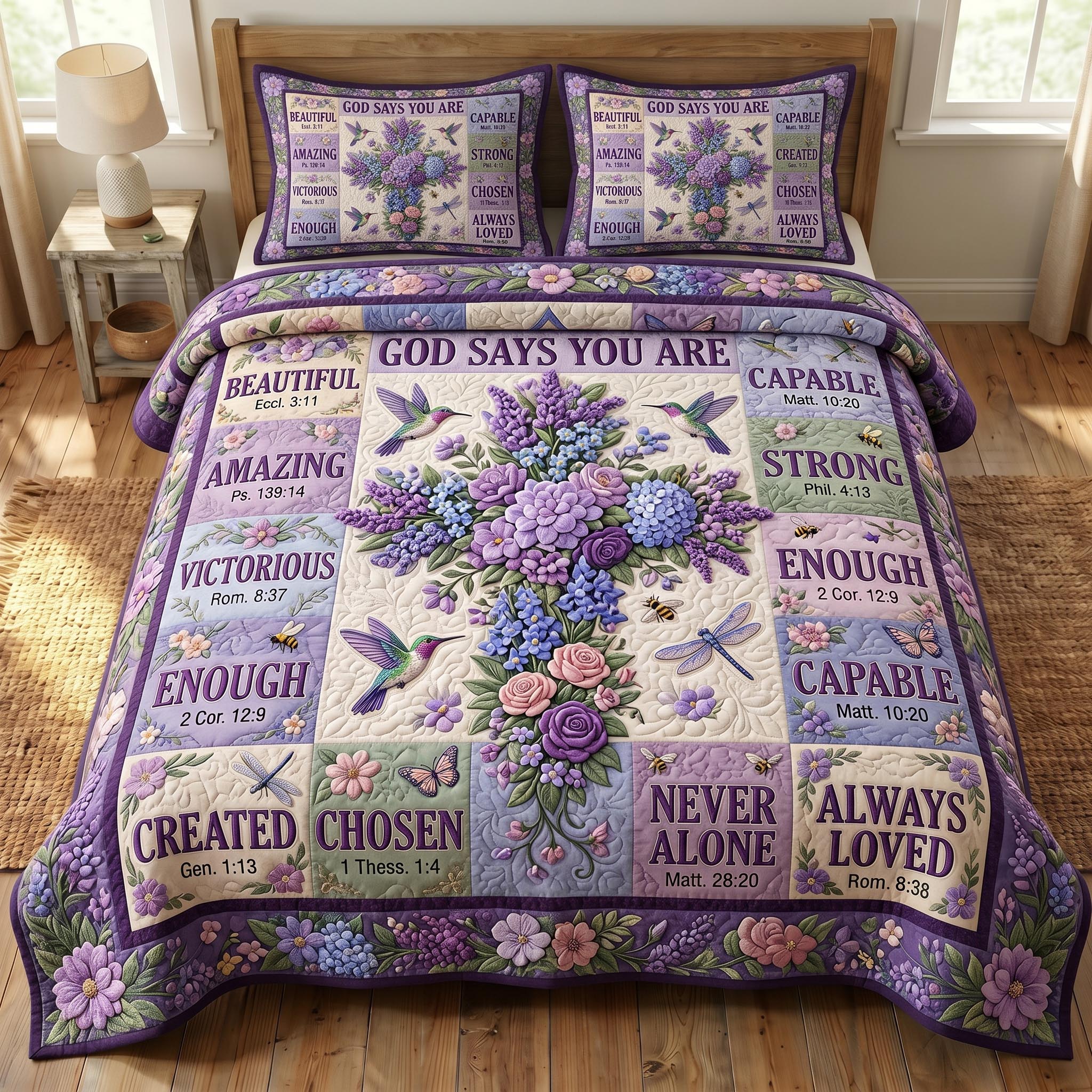Floral Bible Quilted Bedding Set Christian Floral Coverlet Set Gift For Room Decor