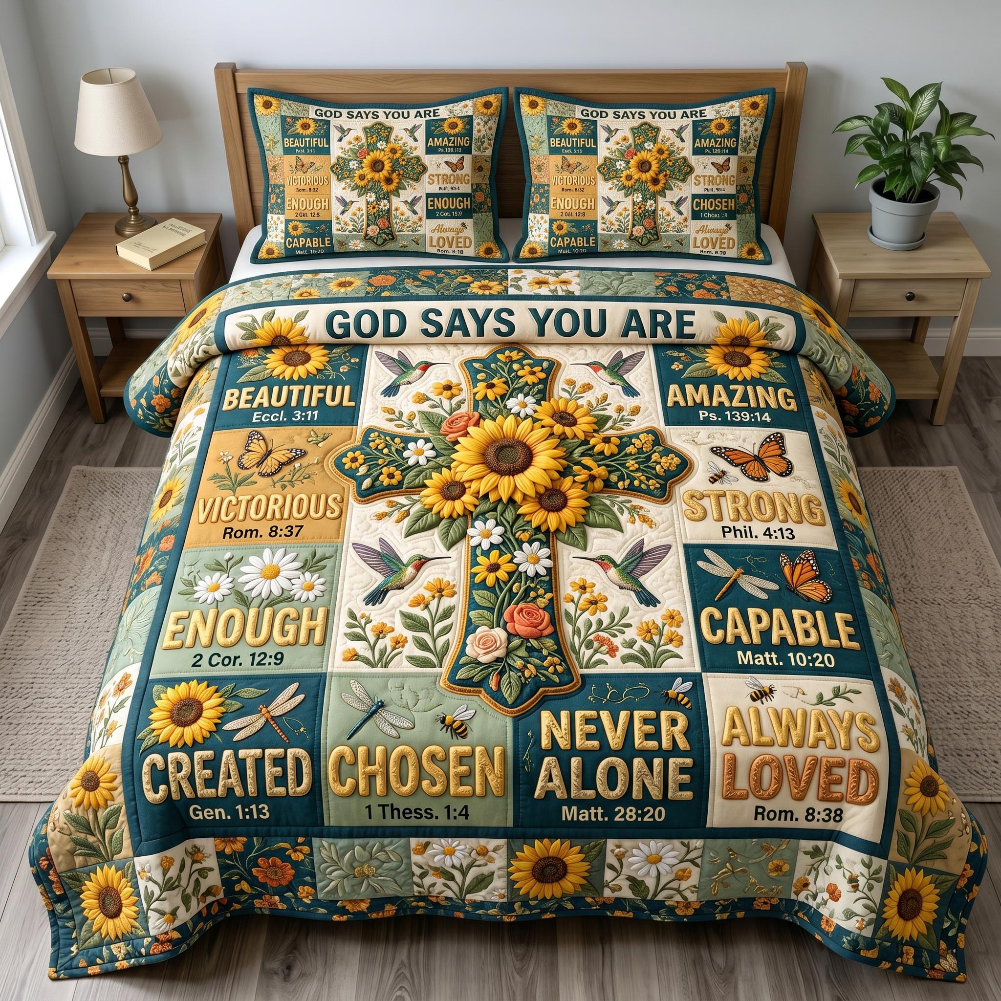 Floral Bible Quilted Bedding Set Christian Floral Coverlet Set Gifts For Room Decor