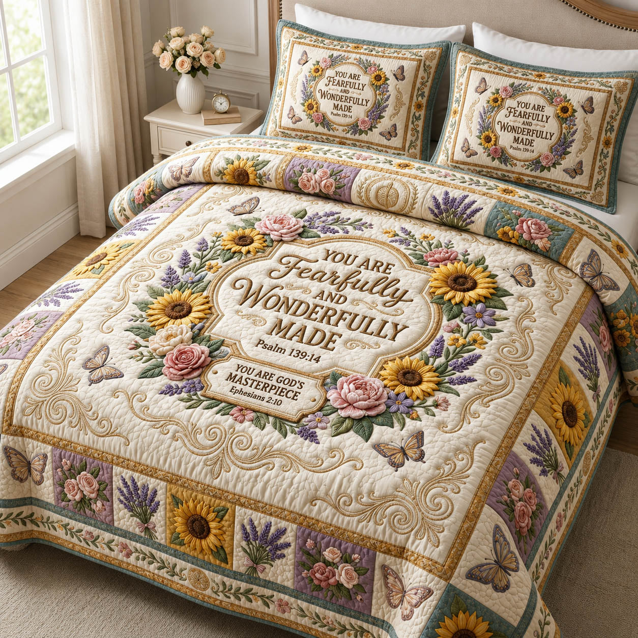 Floral Bible Verse Quilted Bedding Set Christian Floral Coverlet Set Present