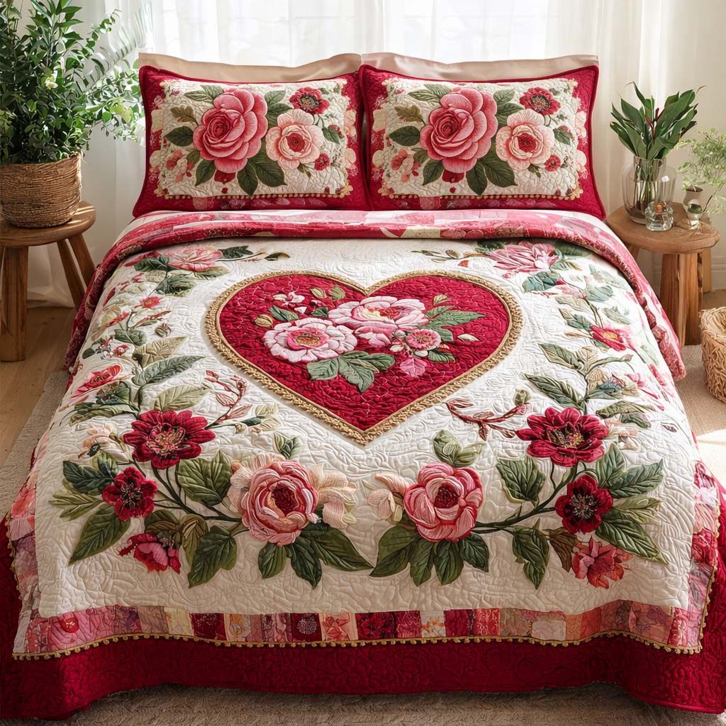Floral Heart Quilted Bedding Set Floral Garden Coverlet Set Room Decor Gift