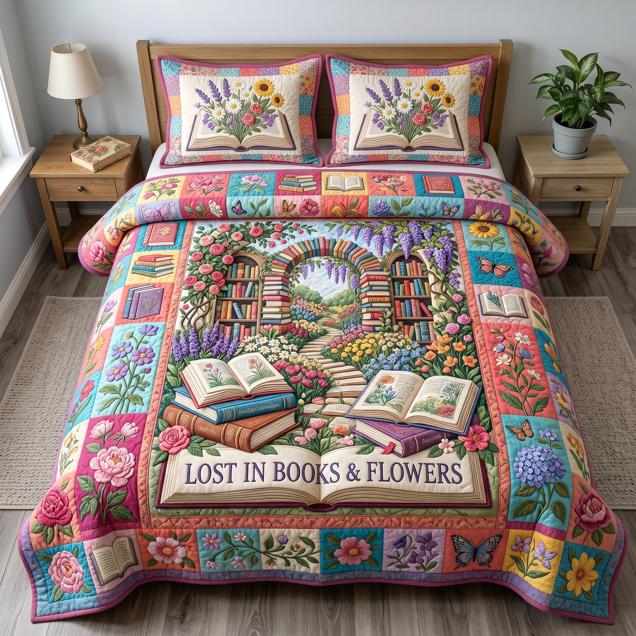Floral Library Quilted Bedding Set Floral Garden Coverlet Set Home Gift For Him