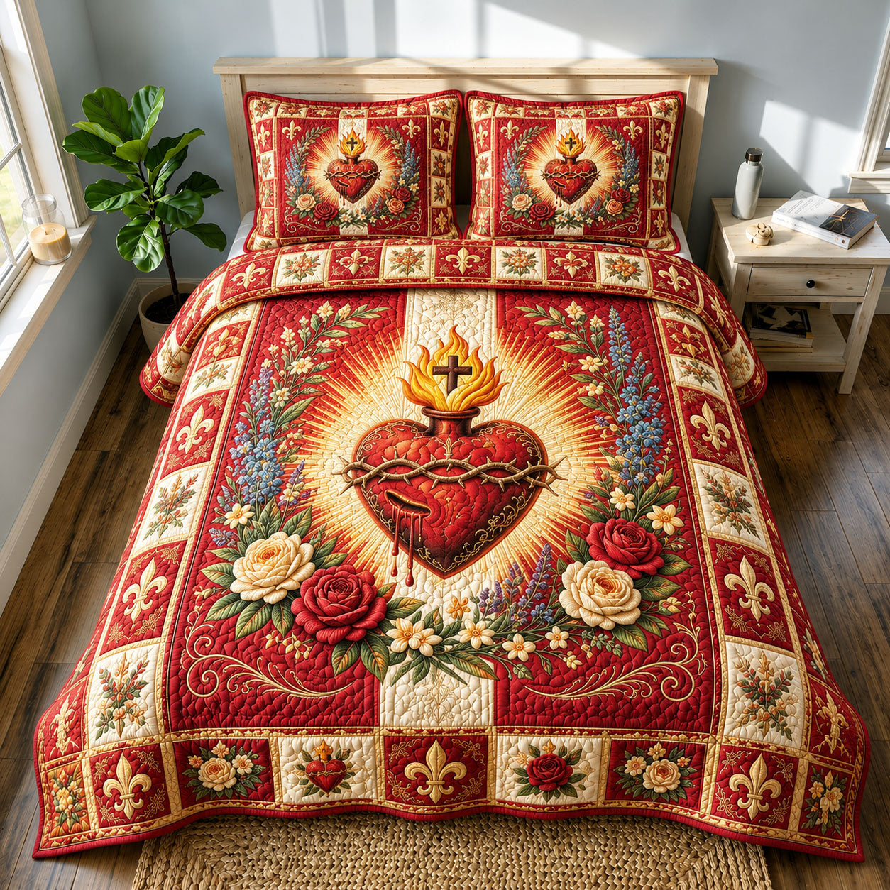 Floral Sacred Heart Crimson Quilted Bedding Set Christian Floral Coverlet Set Present