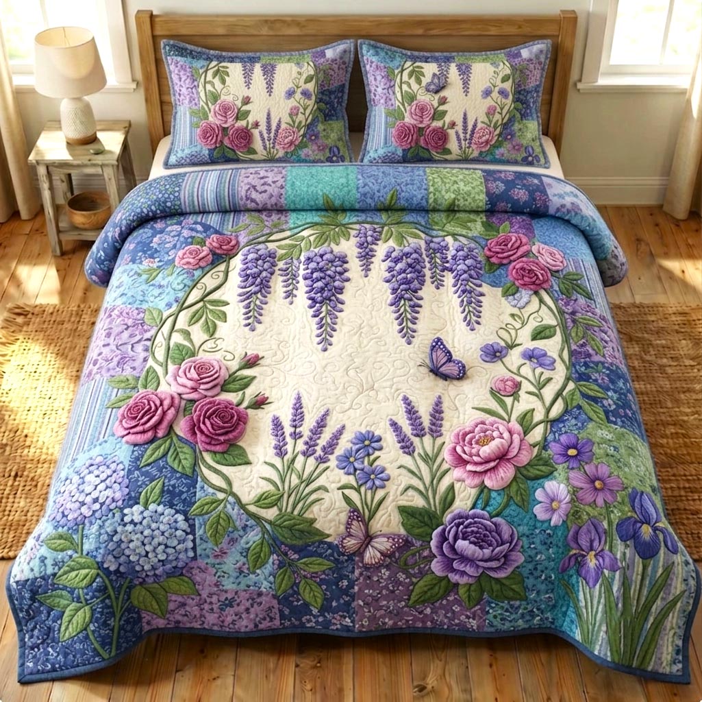 Flower Garden Quilted Bedding Set Floral Garden Coverlet Set Unique Decor Gift