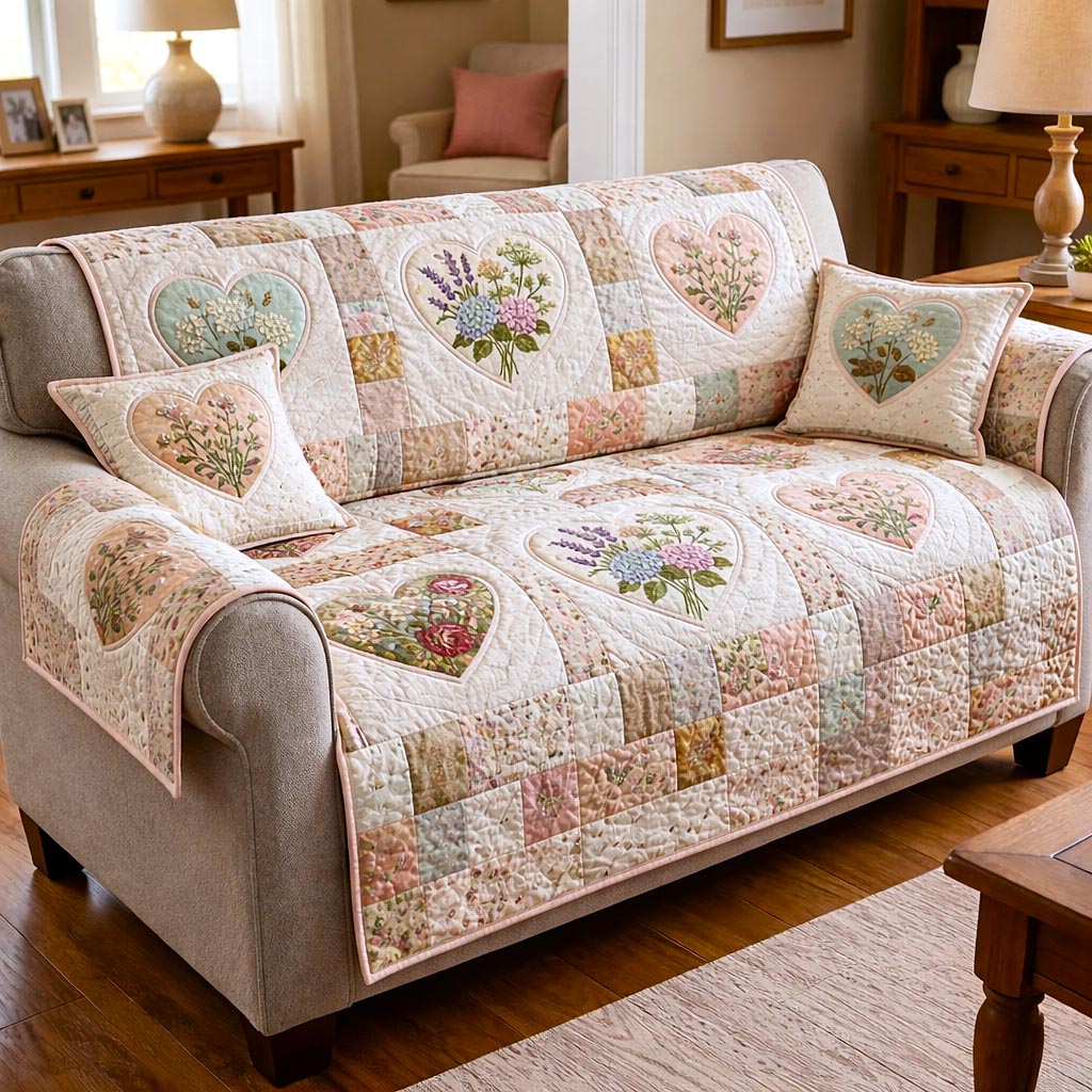 Flower Patchwork Quilted Sofa Cover Botanical Beauty Quilted Couch Cover Room Gift For Her