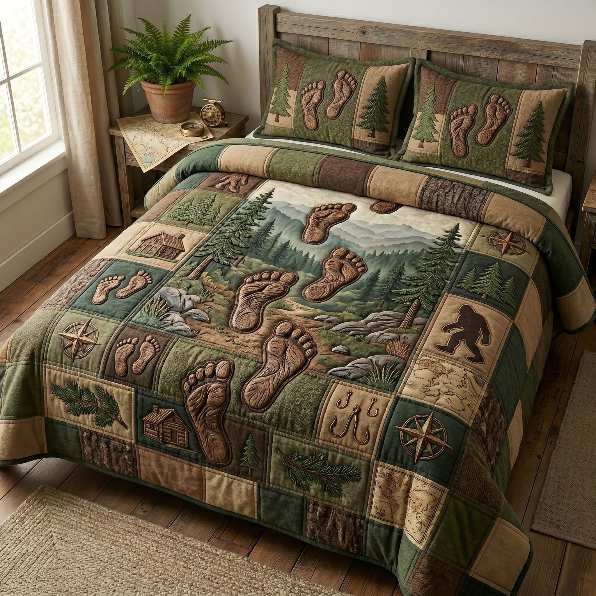 Footprint Trail Quilted Bedding Set Camping Lifestyle Coverlet Set Cool Room Decor