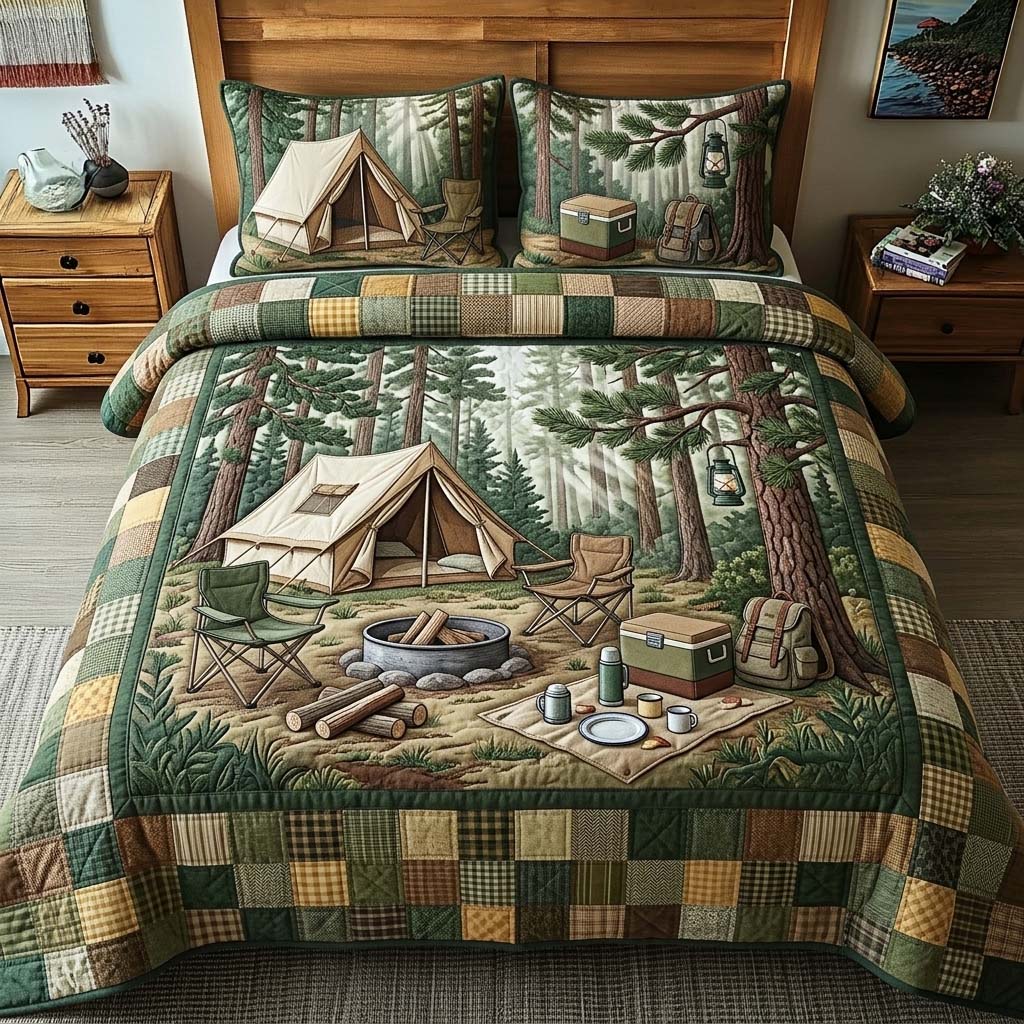 Forest Camp Life Quilted Bedding Set Camping Lifestyle Coverlet Set Great Gift