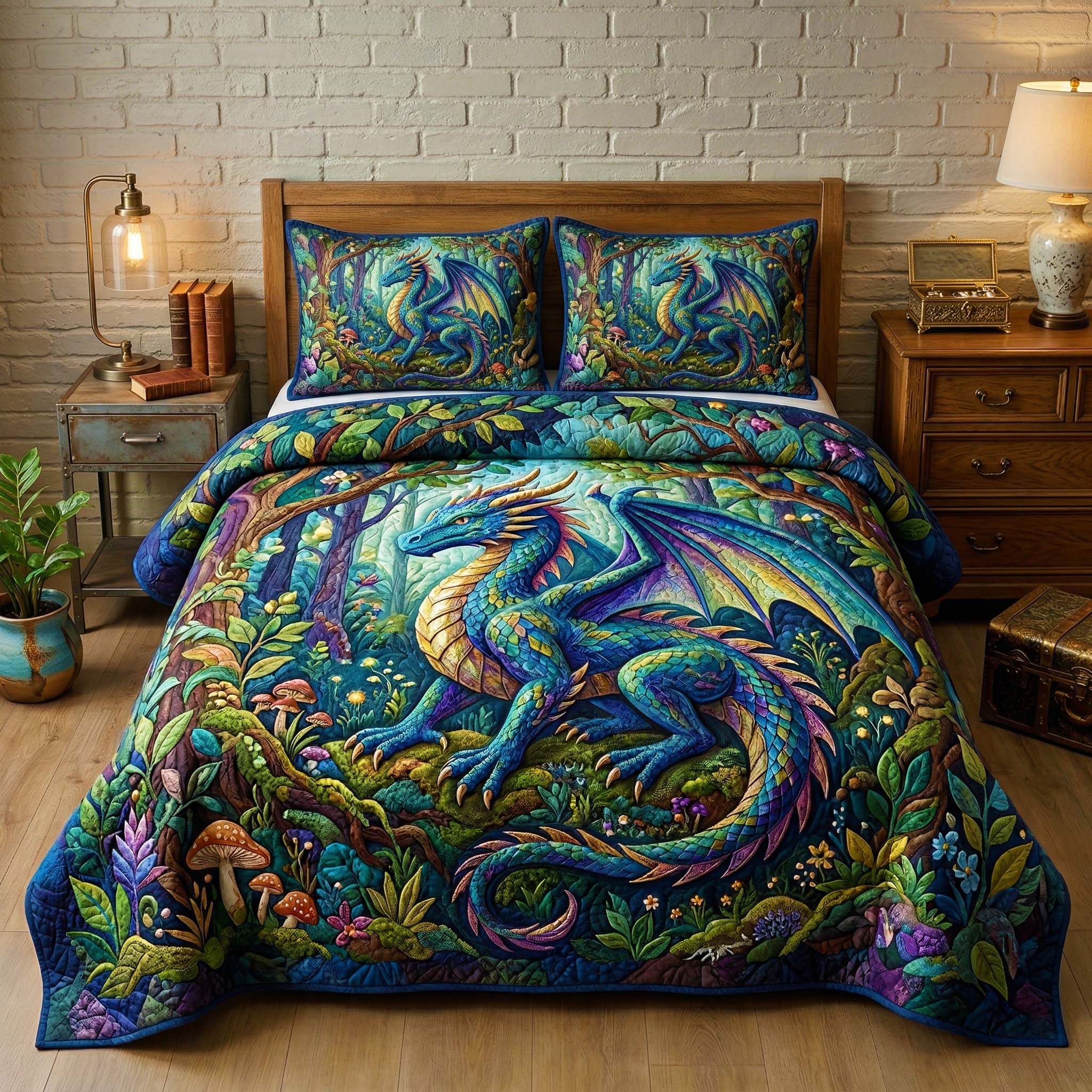 Forest Dragon Quilted Bedding Set Dragon Lover Coverlet Set Gifts For Home Decor