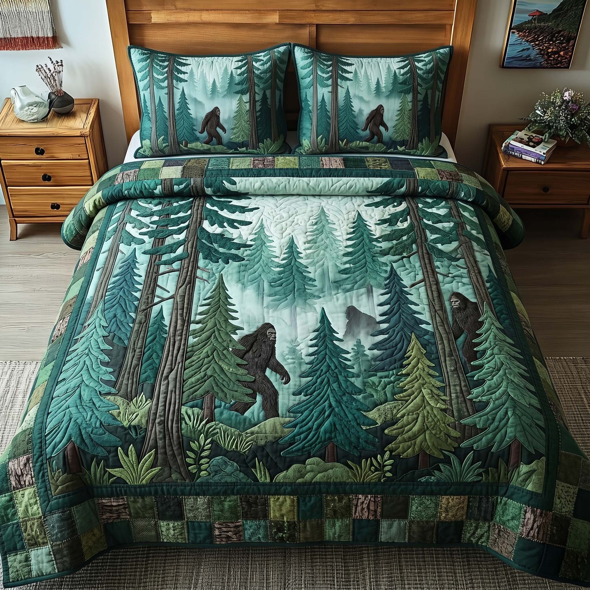 Forest Shadow Bigfoot Quilted Bedding Set Bigfoot Lover Coverlet Set Cozy Home Decor