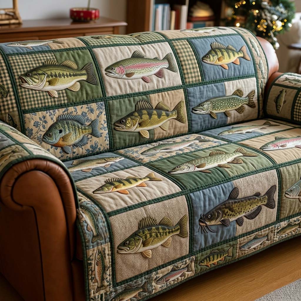 Freshwater Catch Story Quilted Sofa Cover Cozy Cats Quilted Couch Cover Home Gifts For Him
