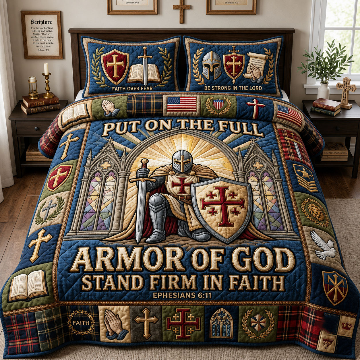Full Armor Of God Quilted Bedding Set Christian Warrior Coverlet Set Best Decor Gift