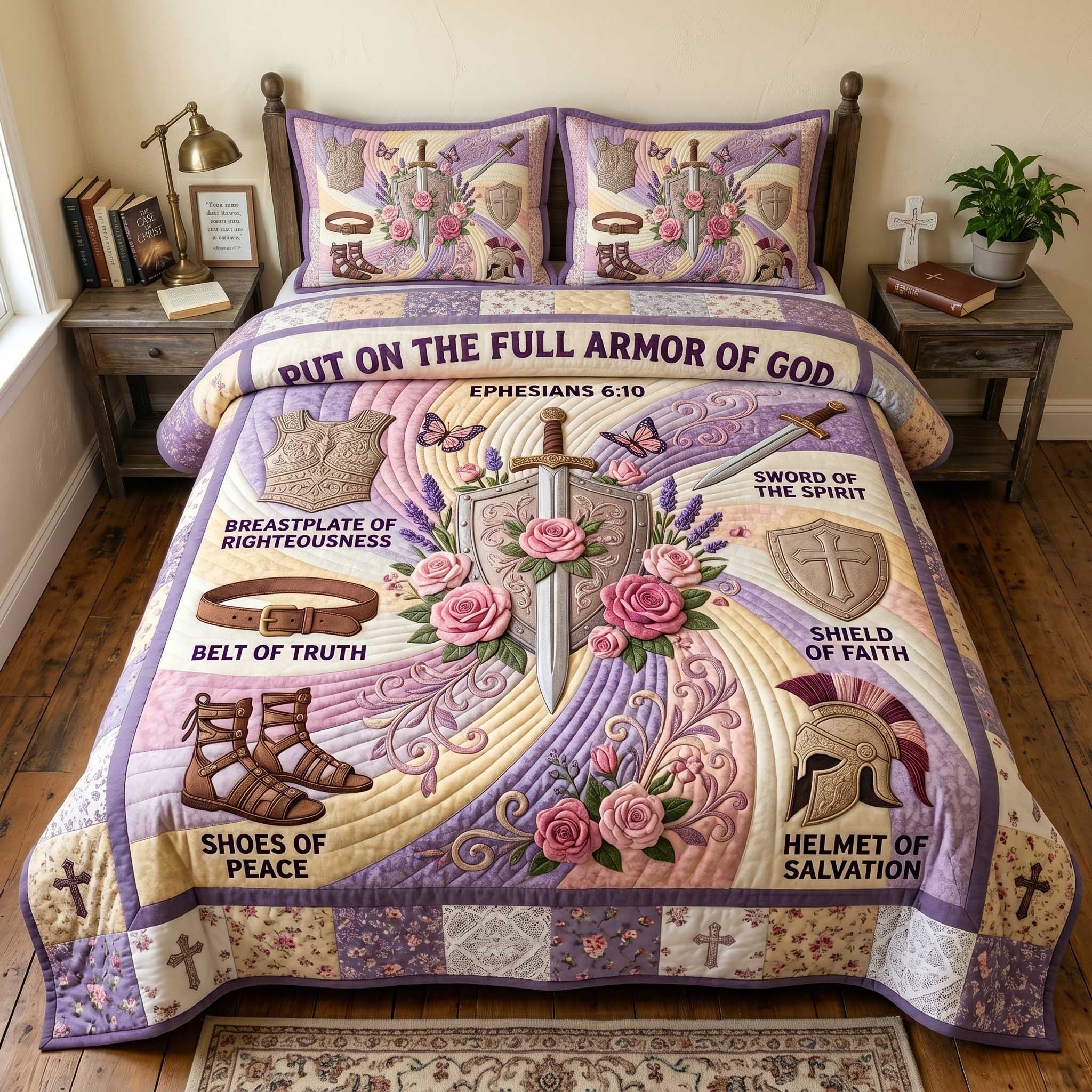 Full Armor Of God Quilted Bedding Set Christian Warrior Coverlet Set Gift For Room Decor