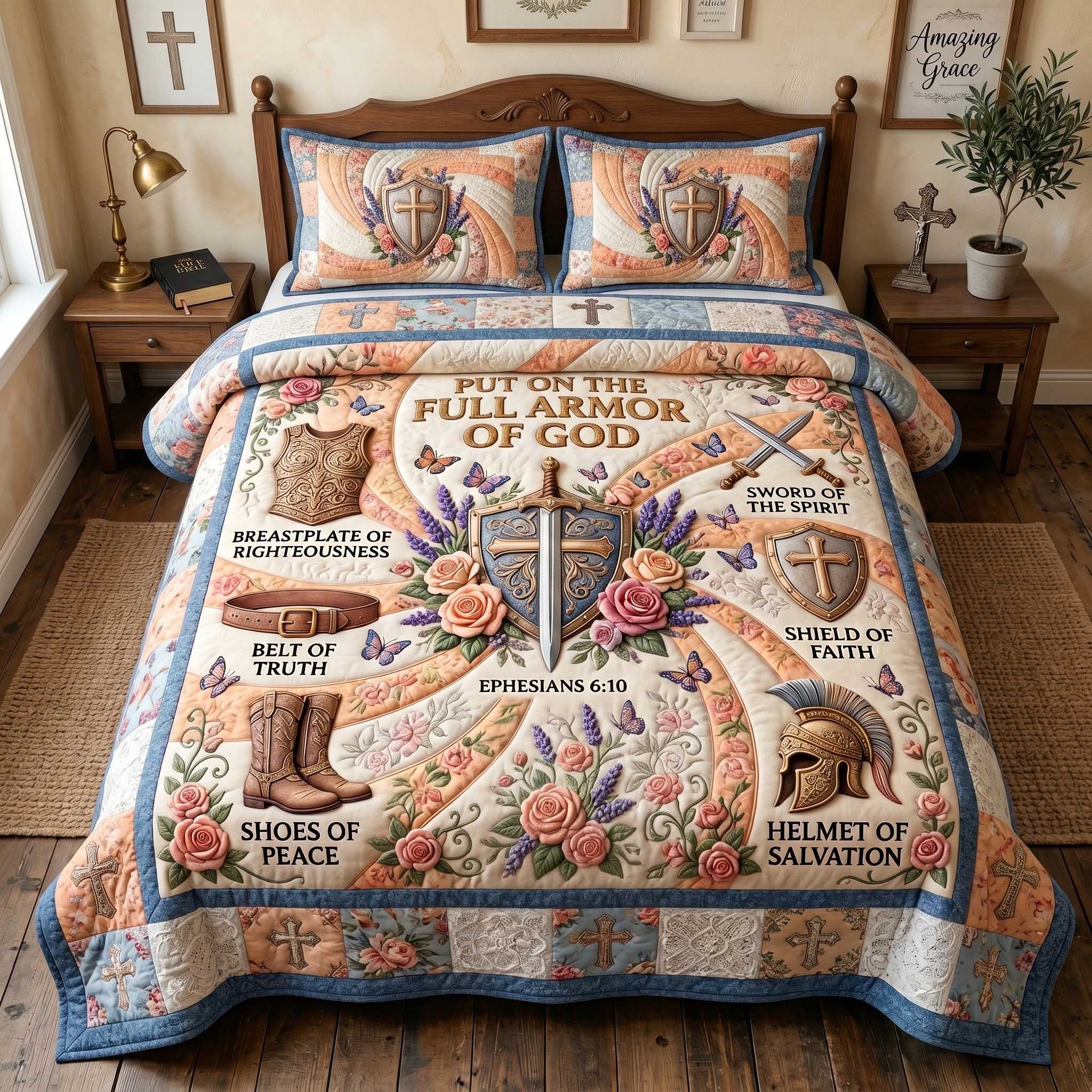 Full Armor Of God Quilted Bedding Set Christian Warrior Coverlet Set Home Gift For Him