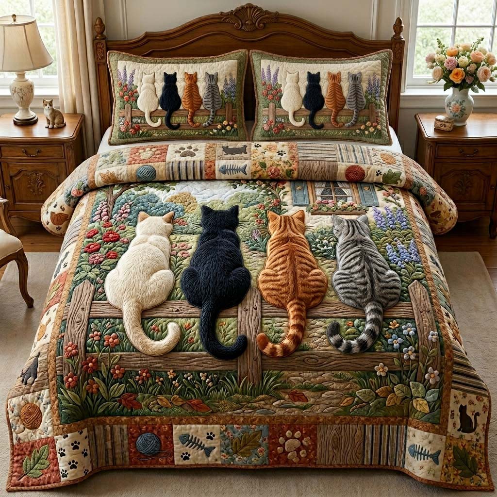 Garden Fence Cats Quilted Bedding Set Cat Lover Coverlet Set Cozy Living Gift Ideas