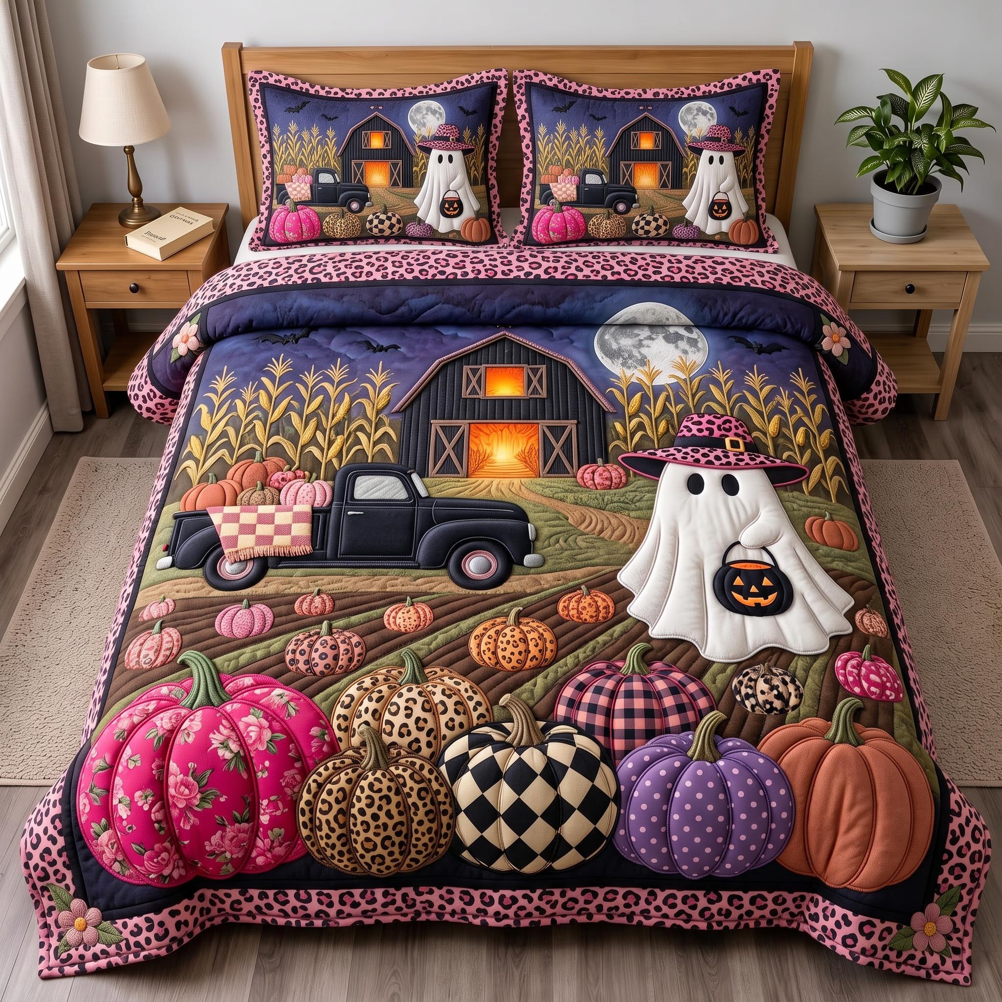 Ghost Harvest Quilted Bedding Set Halloween Haunt Coverlet Set Top Home Decor Gifts