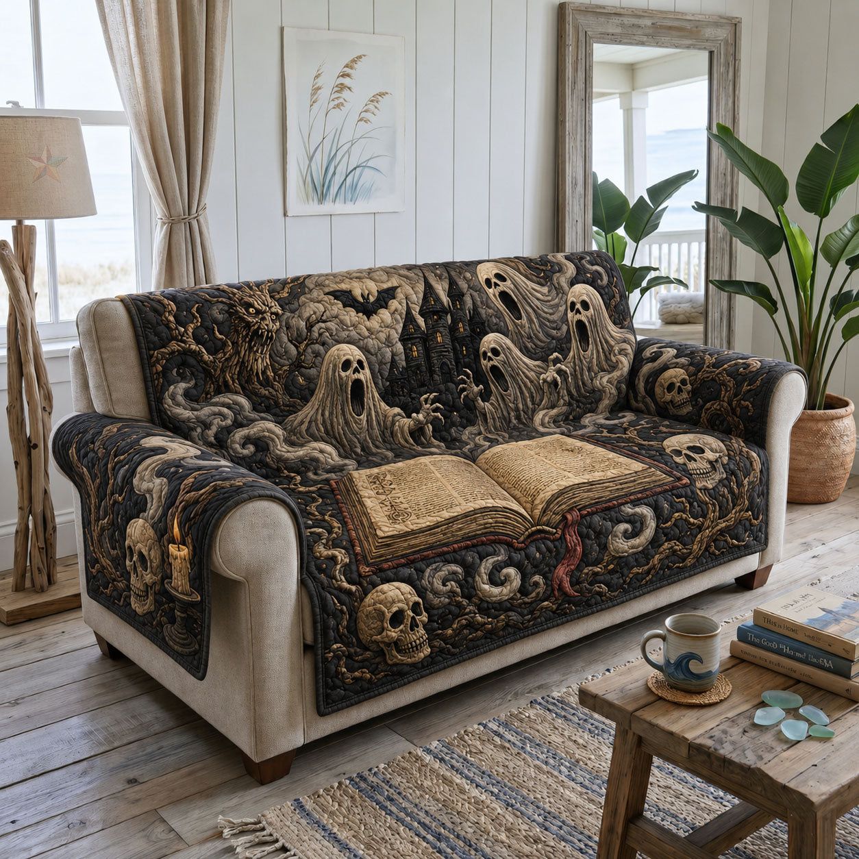 Ghosts Ancient Spell Book Haunted Quilted Sofa Cover Spooky Season Quilted Couch Cover Top Gift