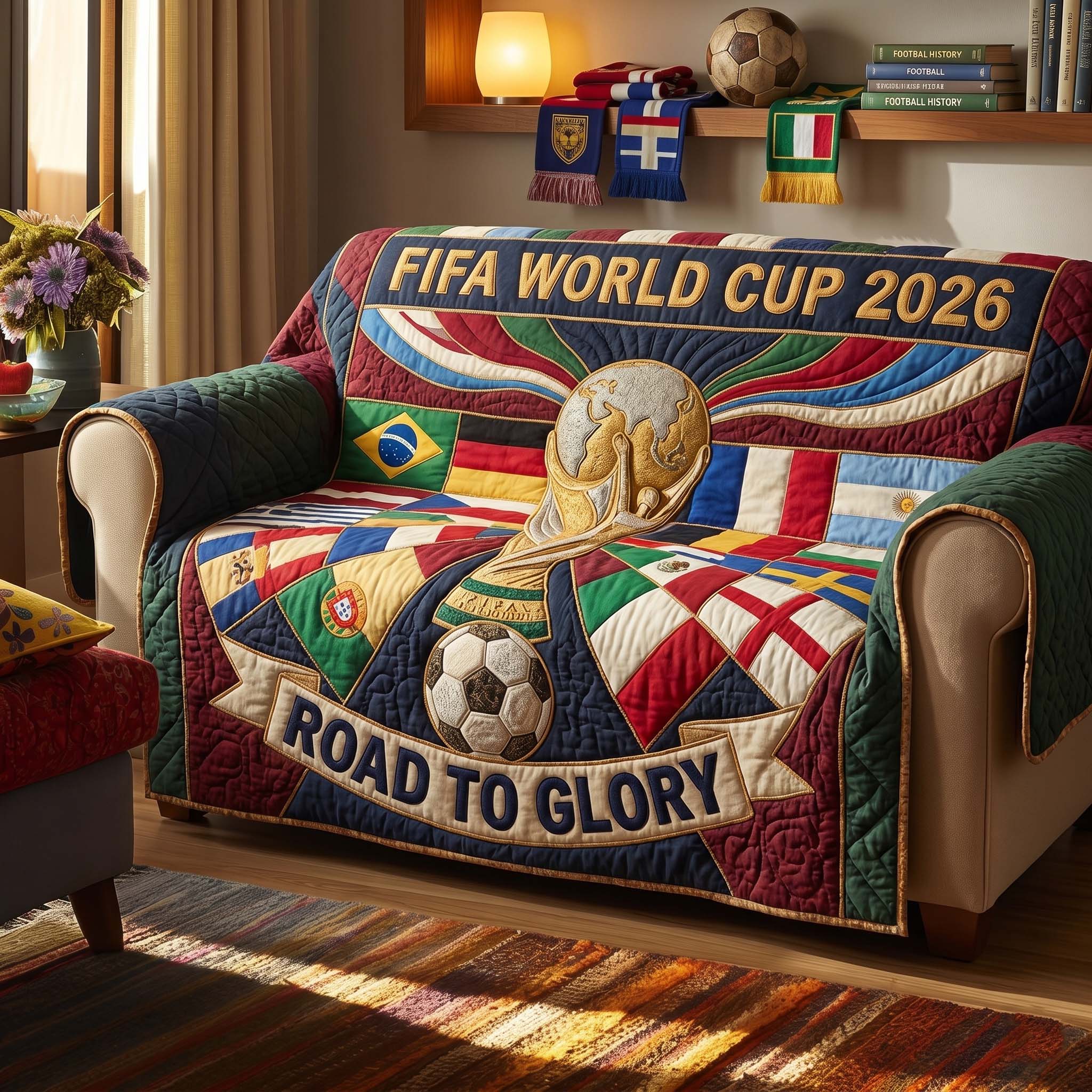 Global Cup Unity Quilted Sofa Cover Soccer Pride Quilted Couch Cover Gift For Room Decor