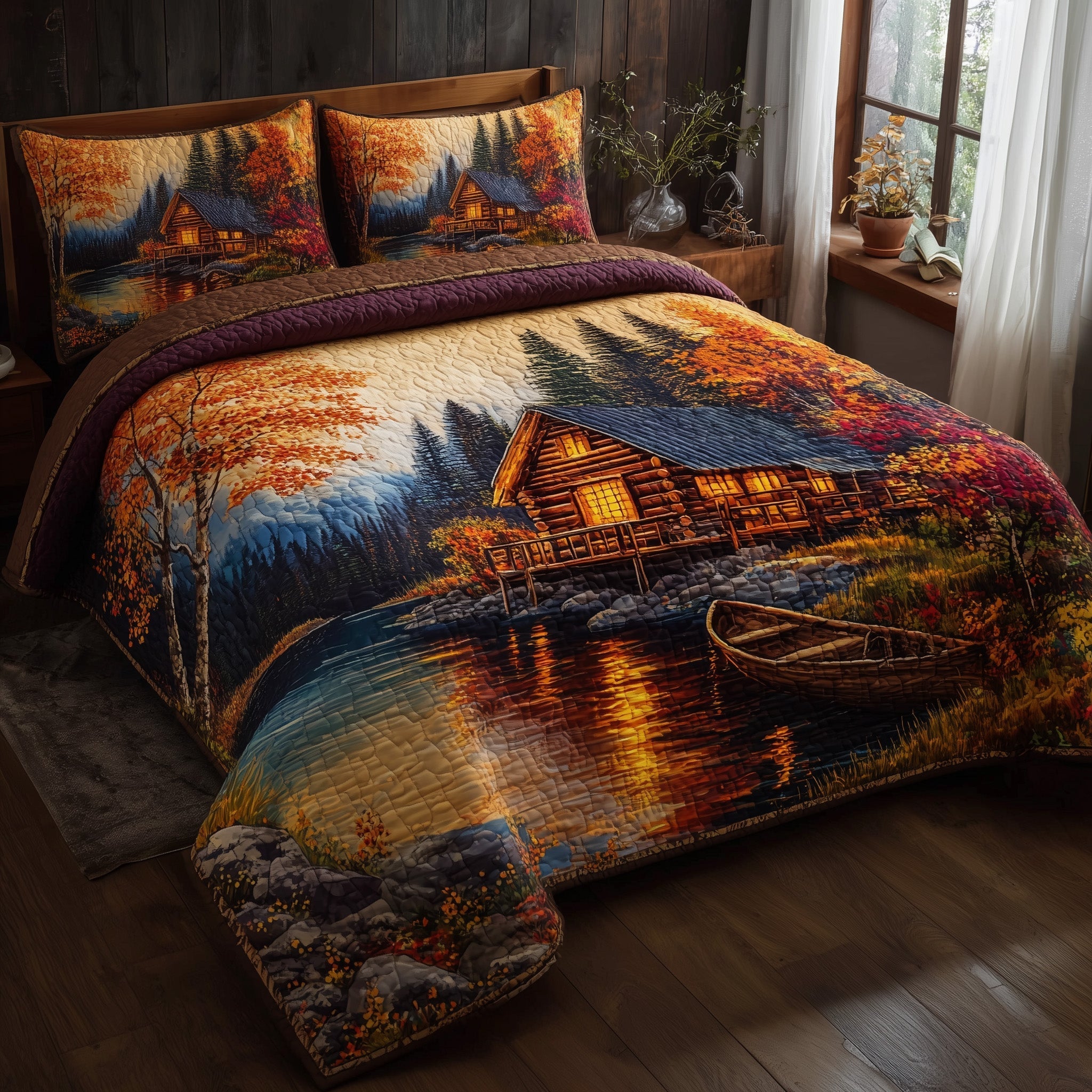 Golden Bloom Cabin Quilted Bedding Set Camping Lifestyle Coverlet Set New Gift