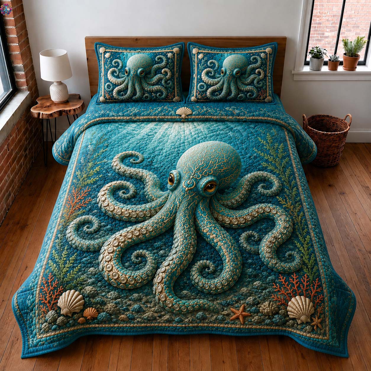 Golden Reef Octopus Quilted Bedding Set Octopus Lover Coverlet Set Perfect Gift Ideas
