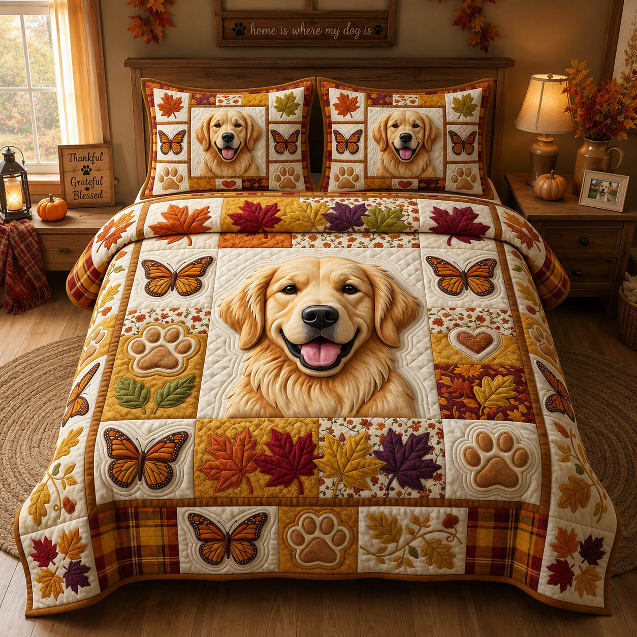Golden Retriever Autumn Quilted Bedding Set Golden Retriever Lover Coverlet Set New Home Ideas