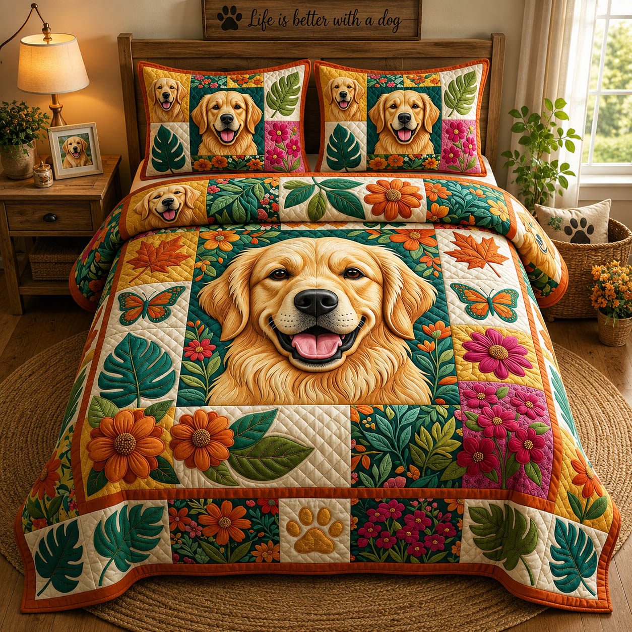 Golden Retriever Quilted Bedding Set Golden Retriever Lover Coverlet Set Room Gifts