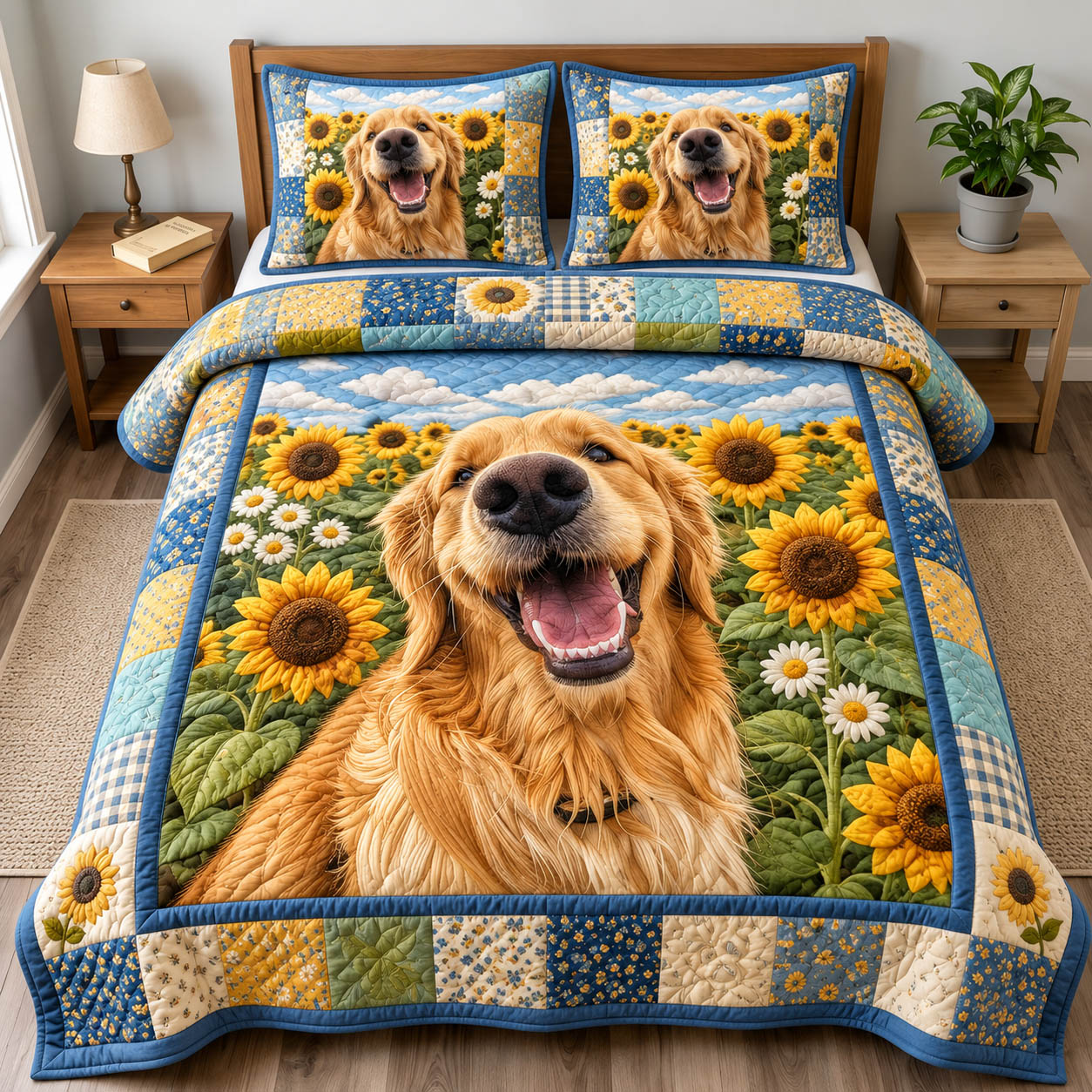 Golden Retriever Sunflower Quilted Bedding Set Golden Retriever Lover Coverlet Set Room Gift