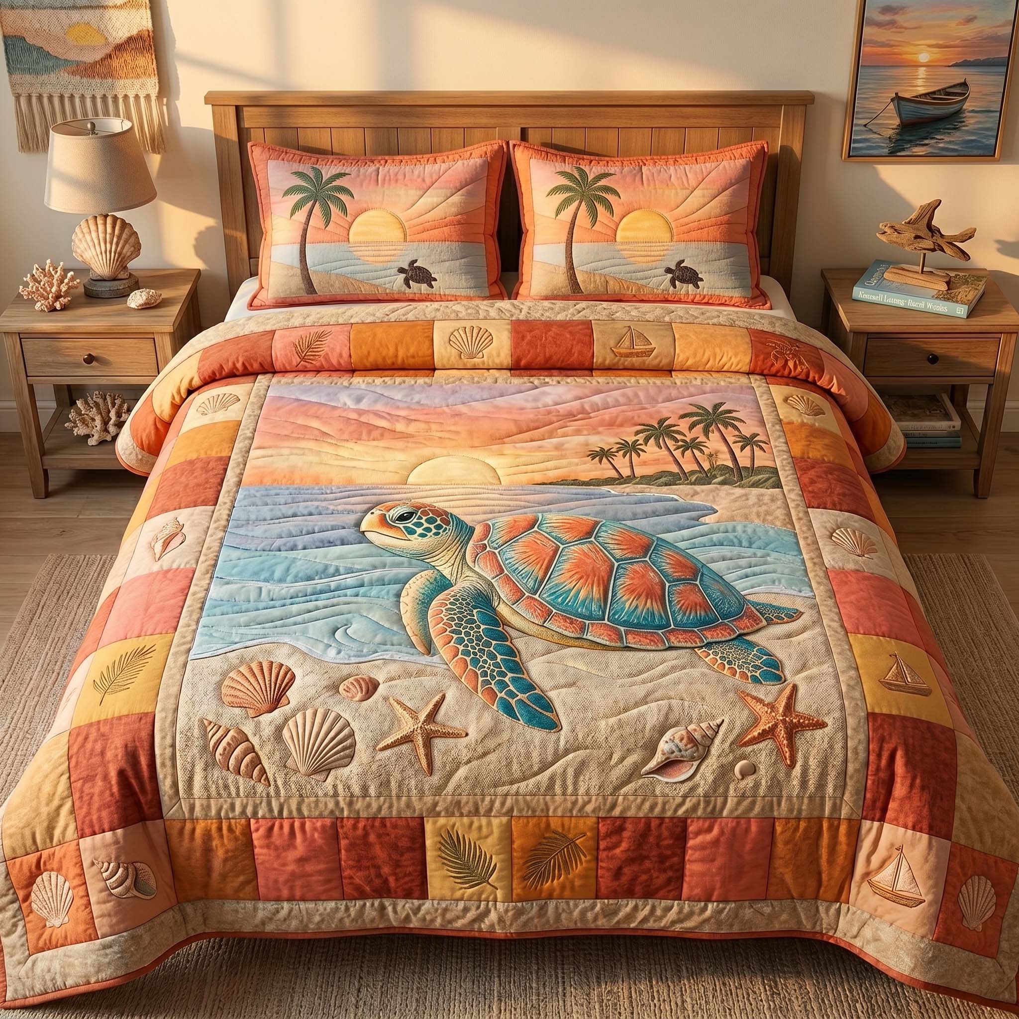 Golden Shore Turtle Quilted Bedding Set Turtle Lover Coverlet Set Gift For Home Decor