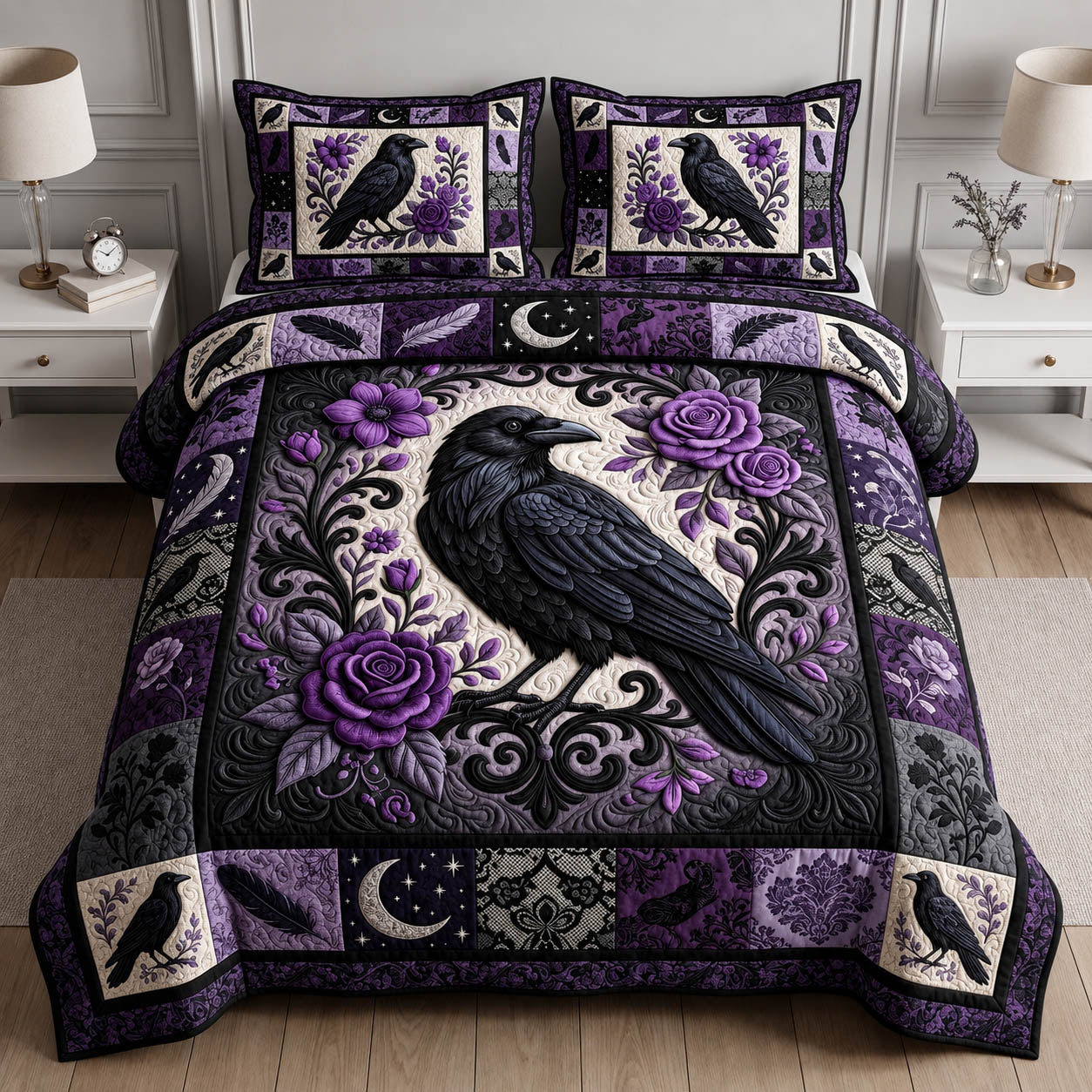 Gothic Raven Quilted Bedding Set Gothic Halloween Coverlet Set Top Gift