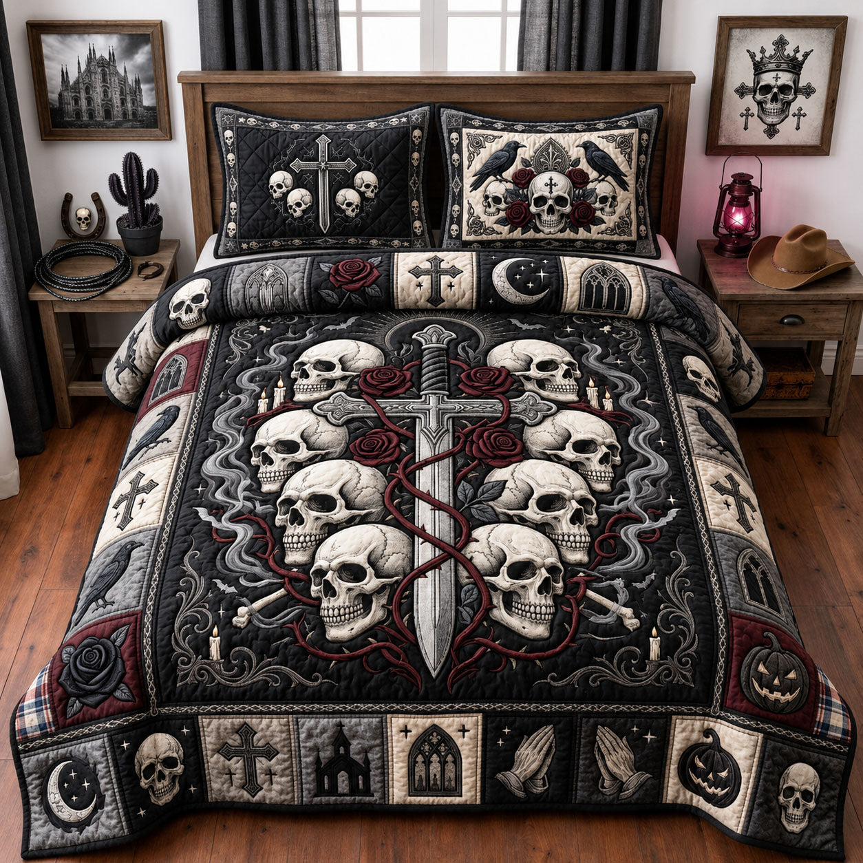 Gothic Skull Cross Quilted Bedding Set Gothic Halloween Coverlet Set Decor Gift