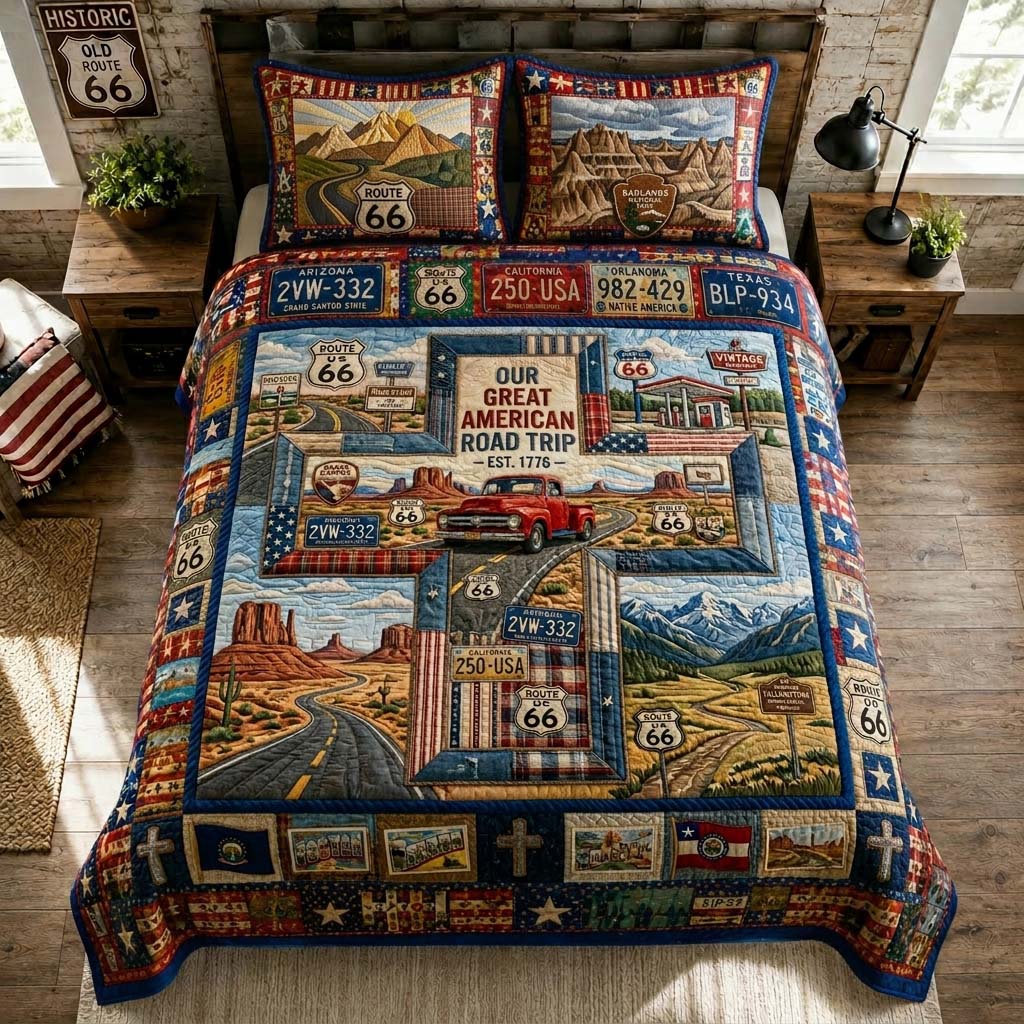 Great American Roadtrip Quilted Bedding Set Americana Roadtrip Coverlet Set Perfect Gift Ideas